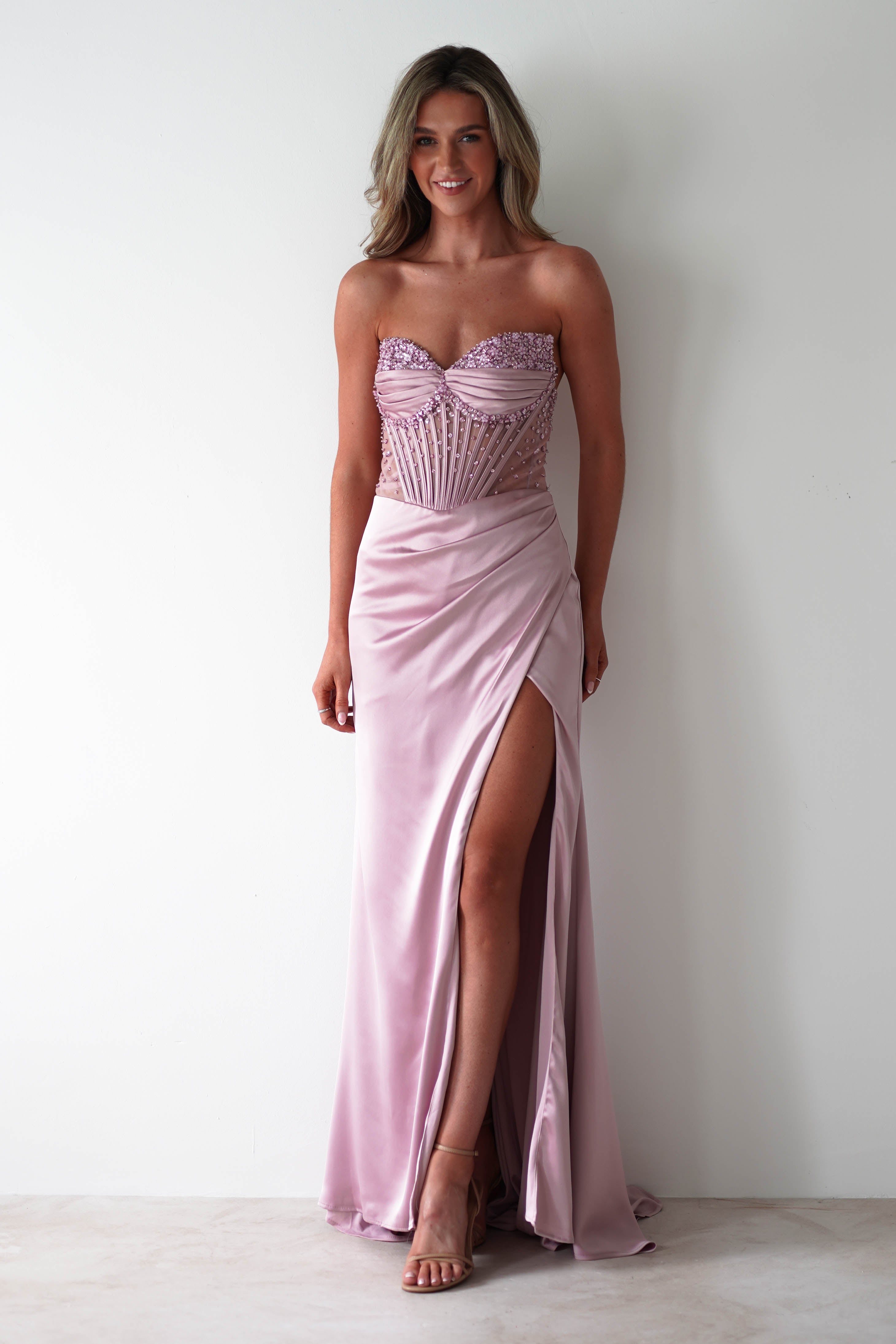 Theodora Strapless Embellished Gown | Mauve