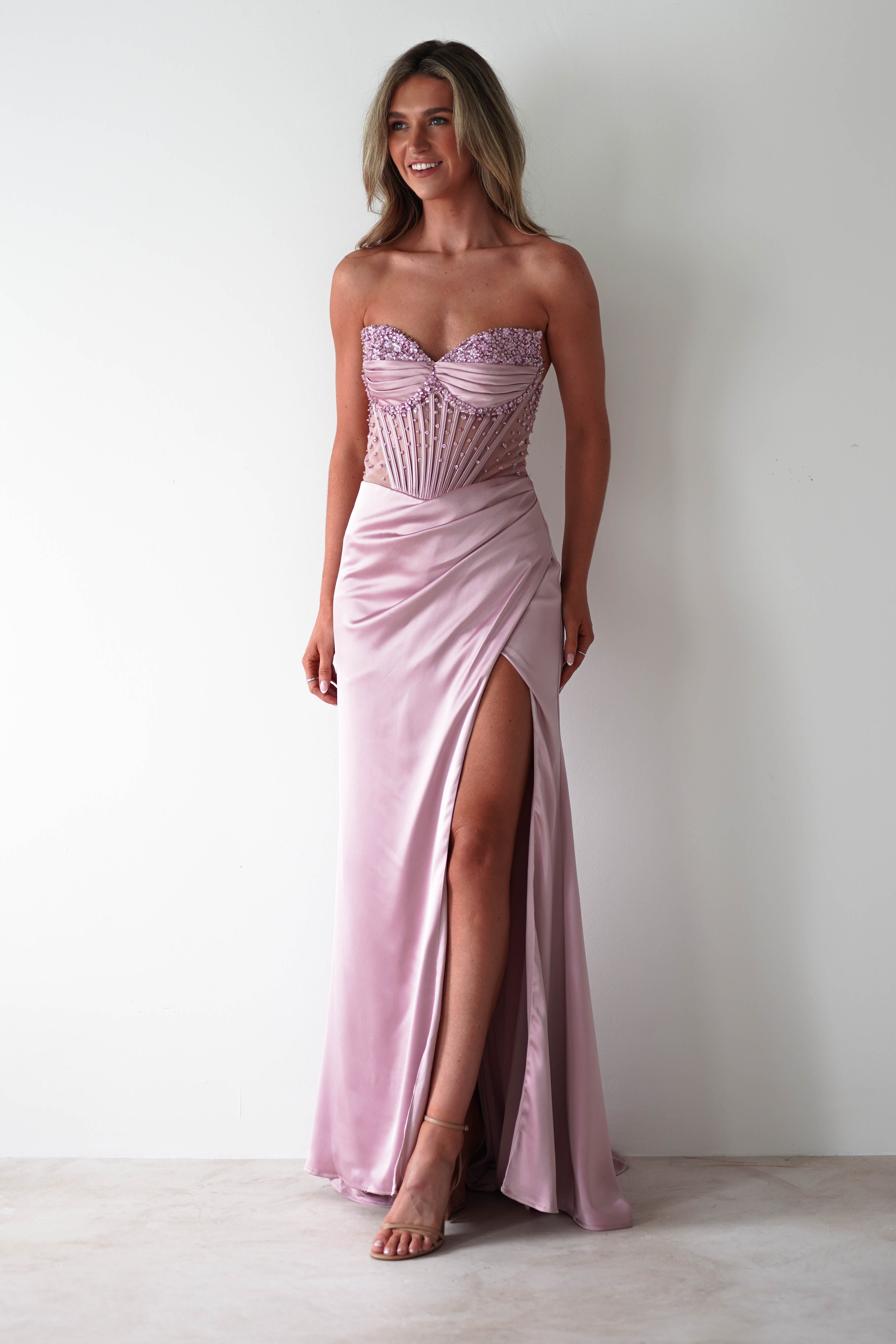 Theodora Strapless Embellished Gown | Mauve