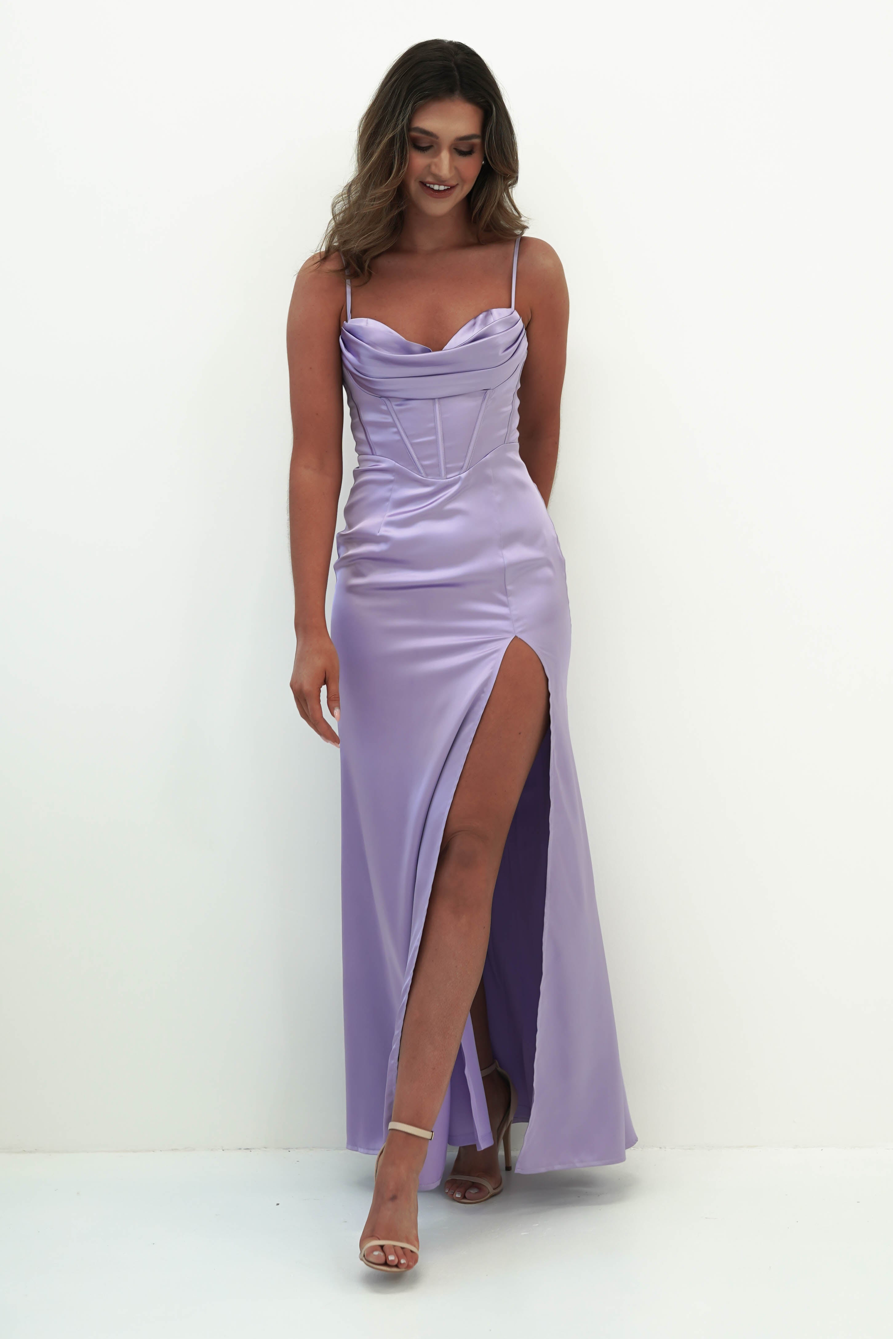 Lavender Satin Prom Dresses V-Neck Formal Gown 20374 – vigocouture