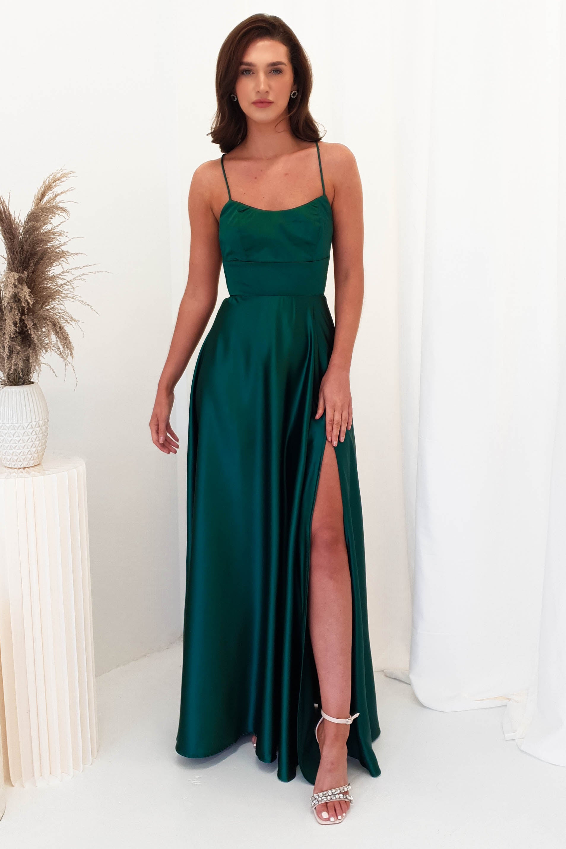 Leelie Silky Satin Gown | Emerald Green