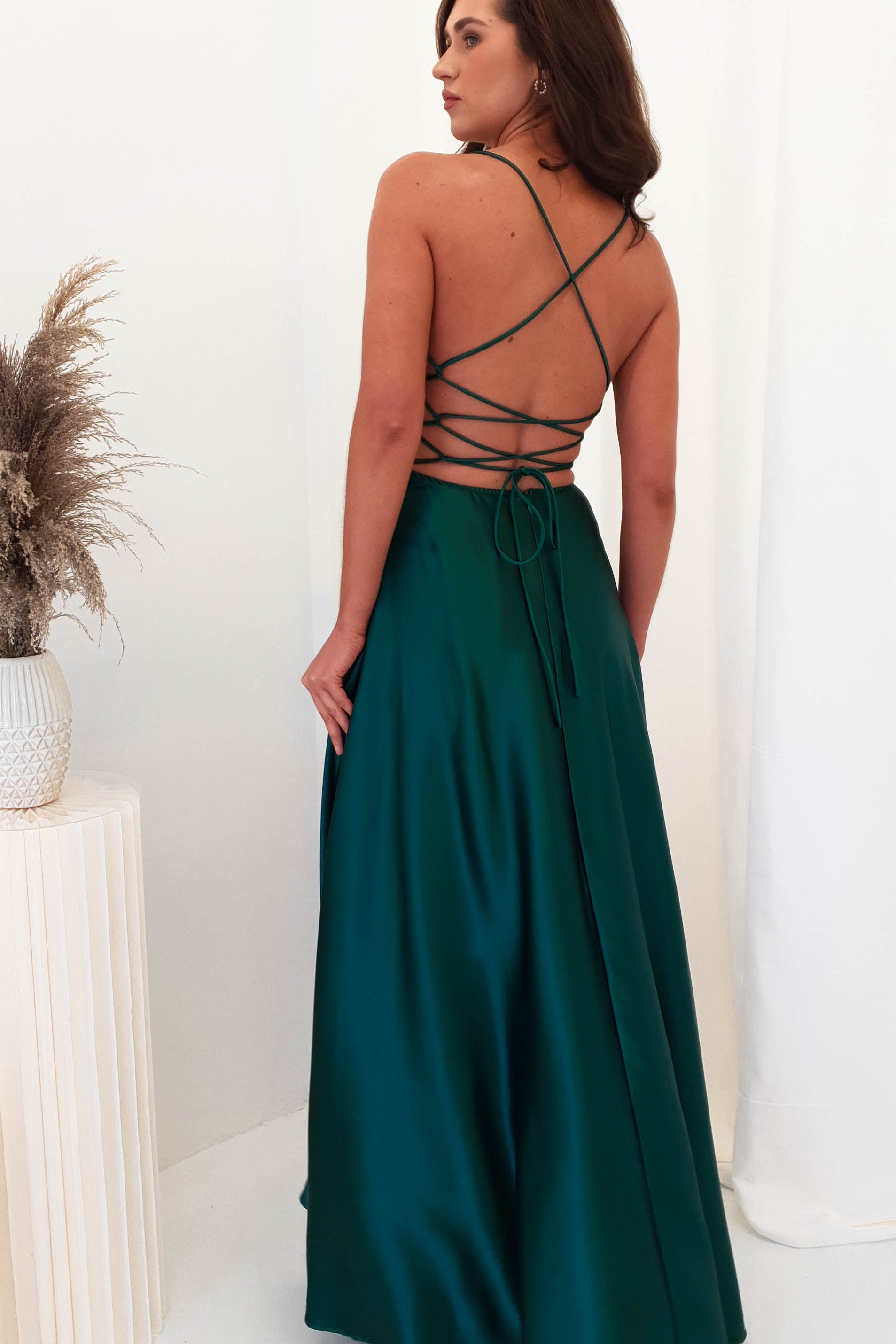 Leelie Silky Satin Gown | Emerald Green