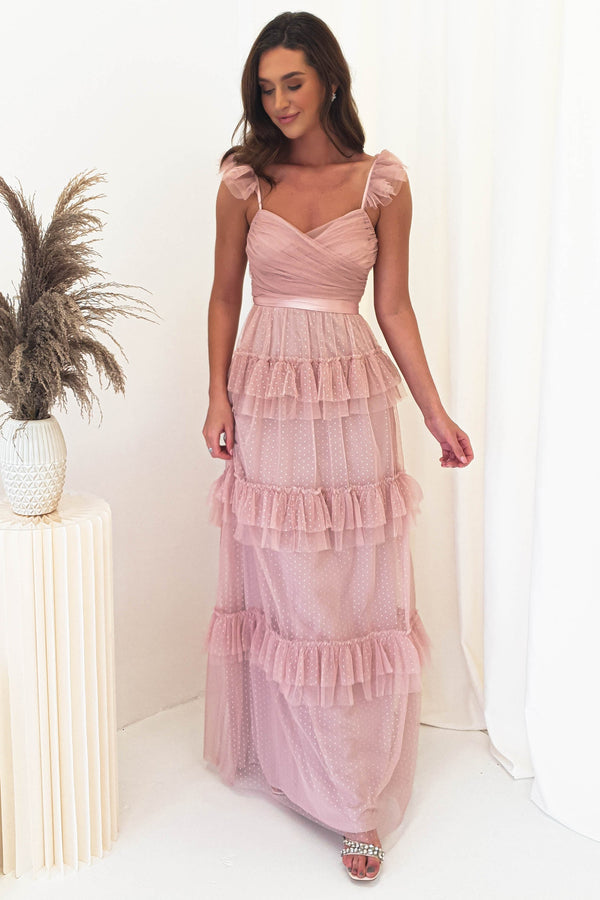 Madie Tulle Ruffle Maxi Dress | Dusty Pink