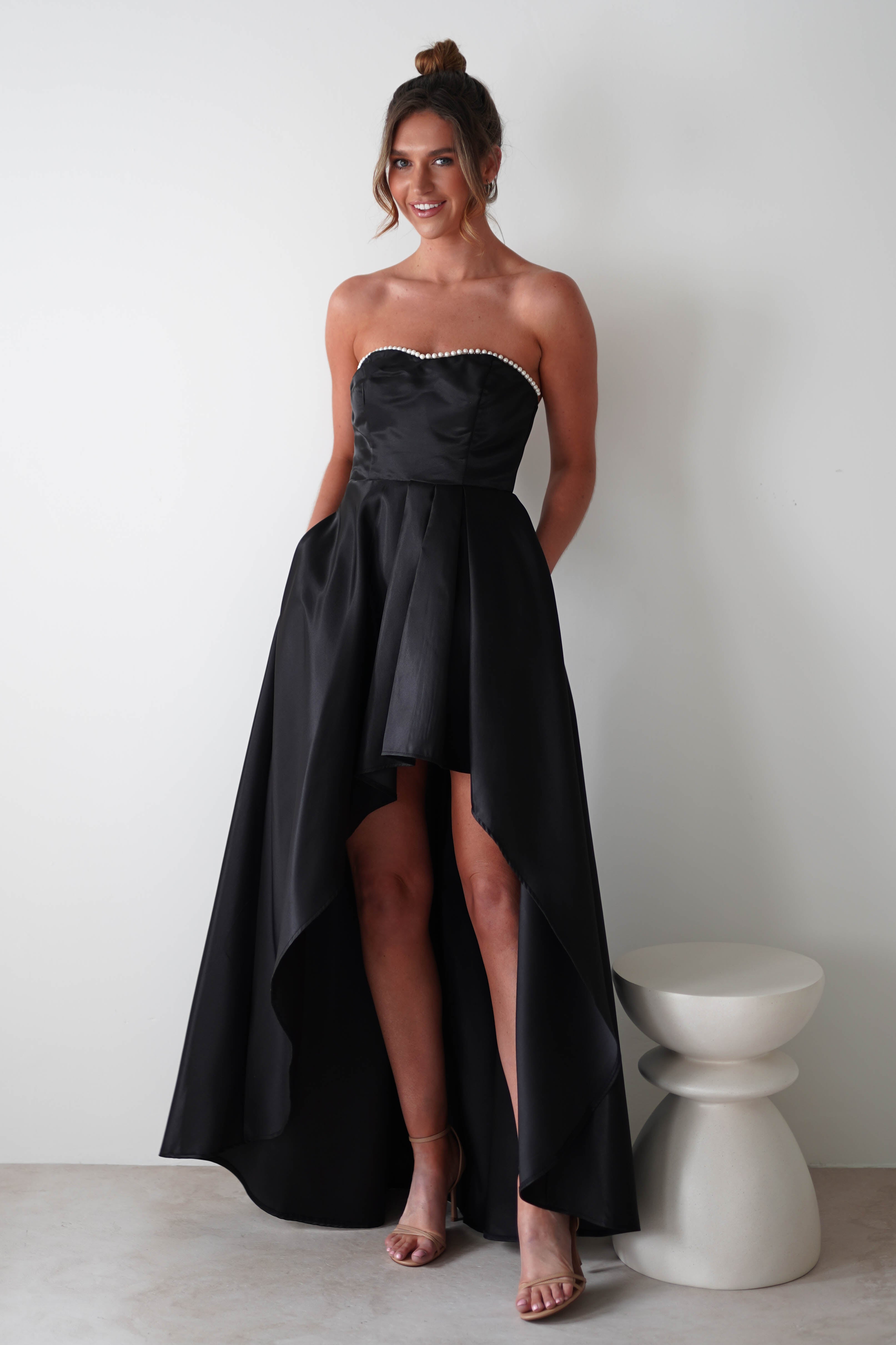 Mayfair High Low Satin Dress | Black