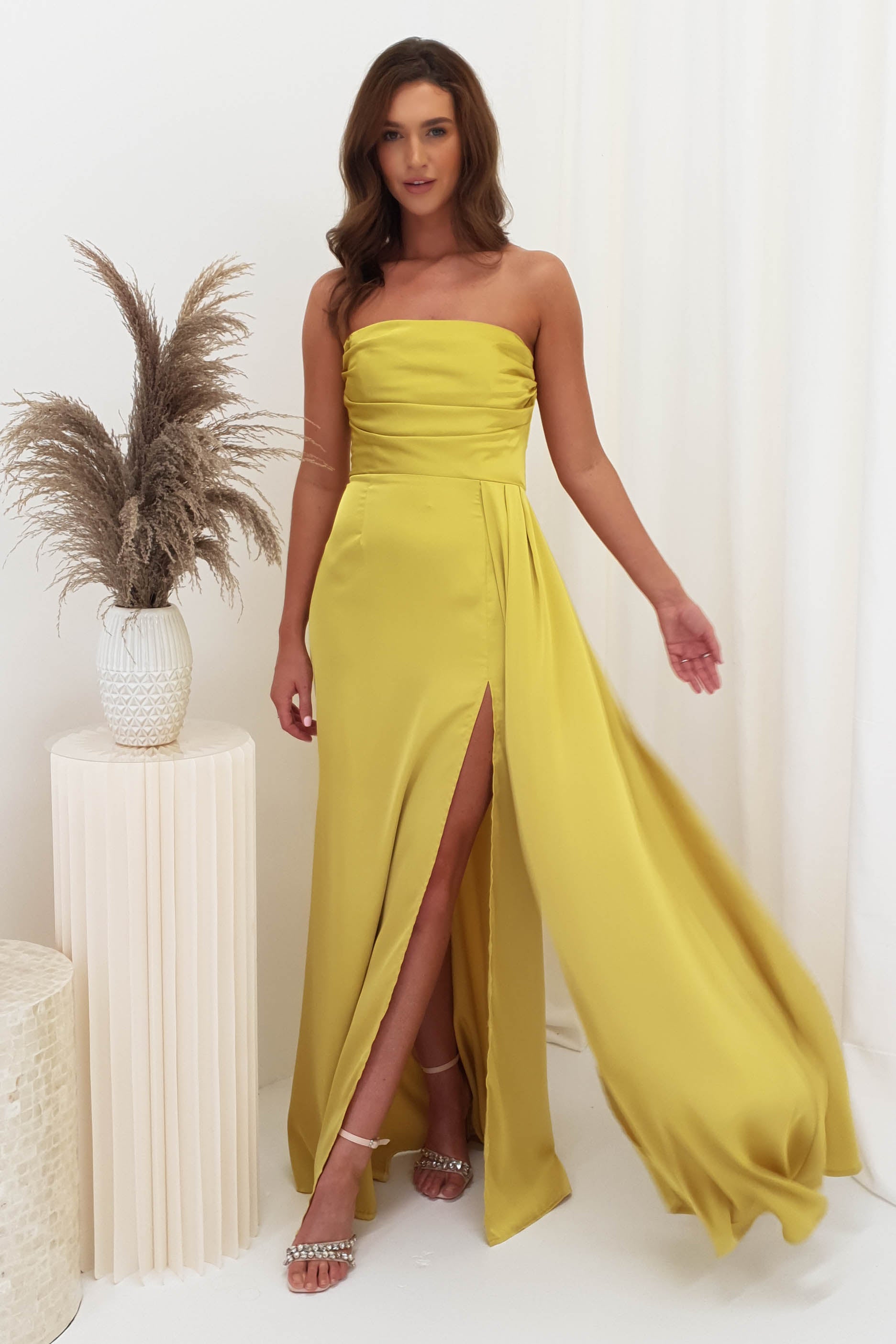 Isla Satin Strapless Gown Chartreuse