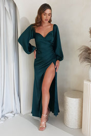 Jaela Soft Satin Long Sleeve Maxi Gown | Emerald Green