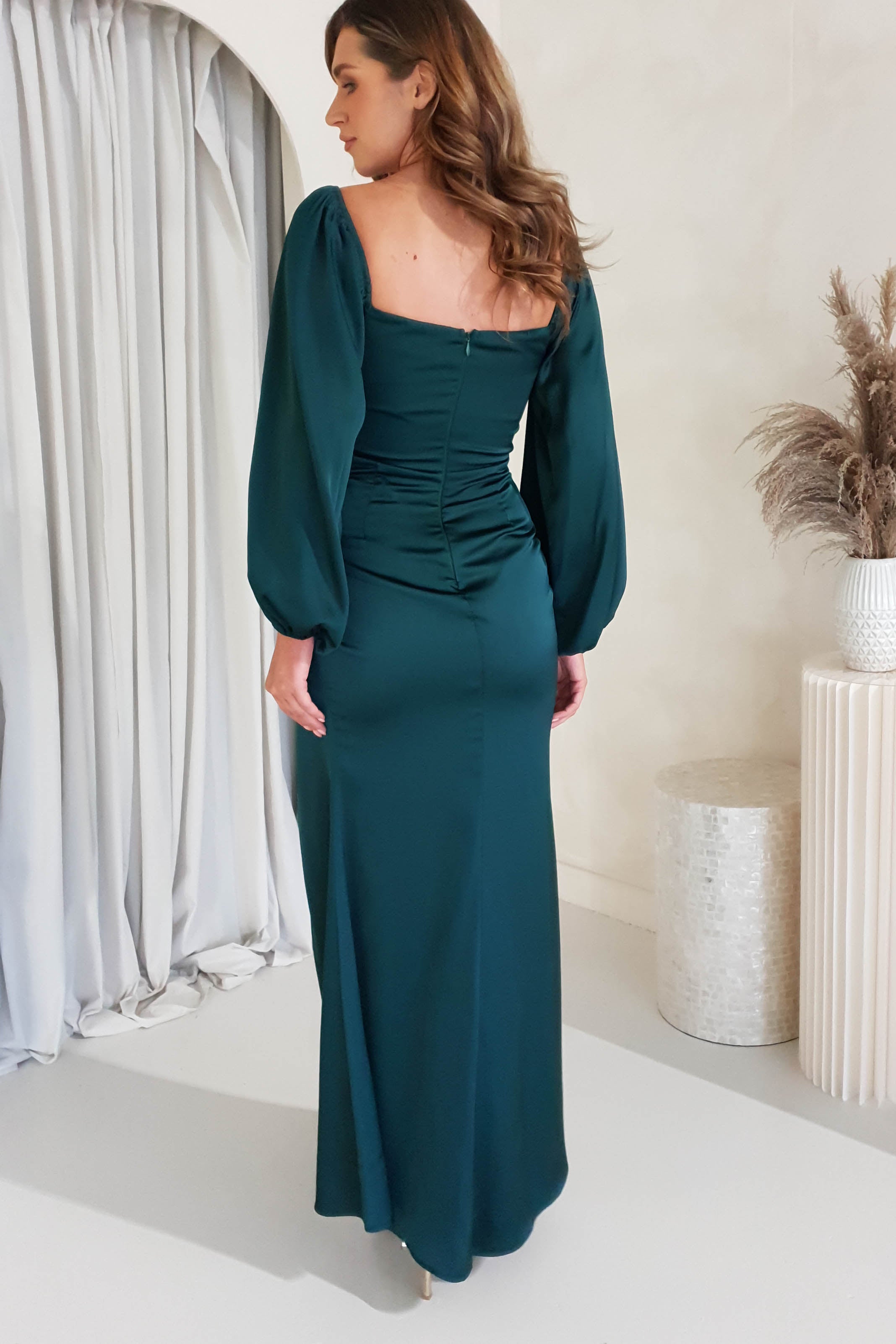 Jaela Soft Satin Long Sleeve Maxi Gown | Emerald Green