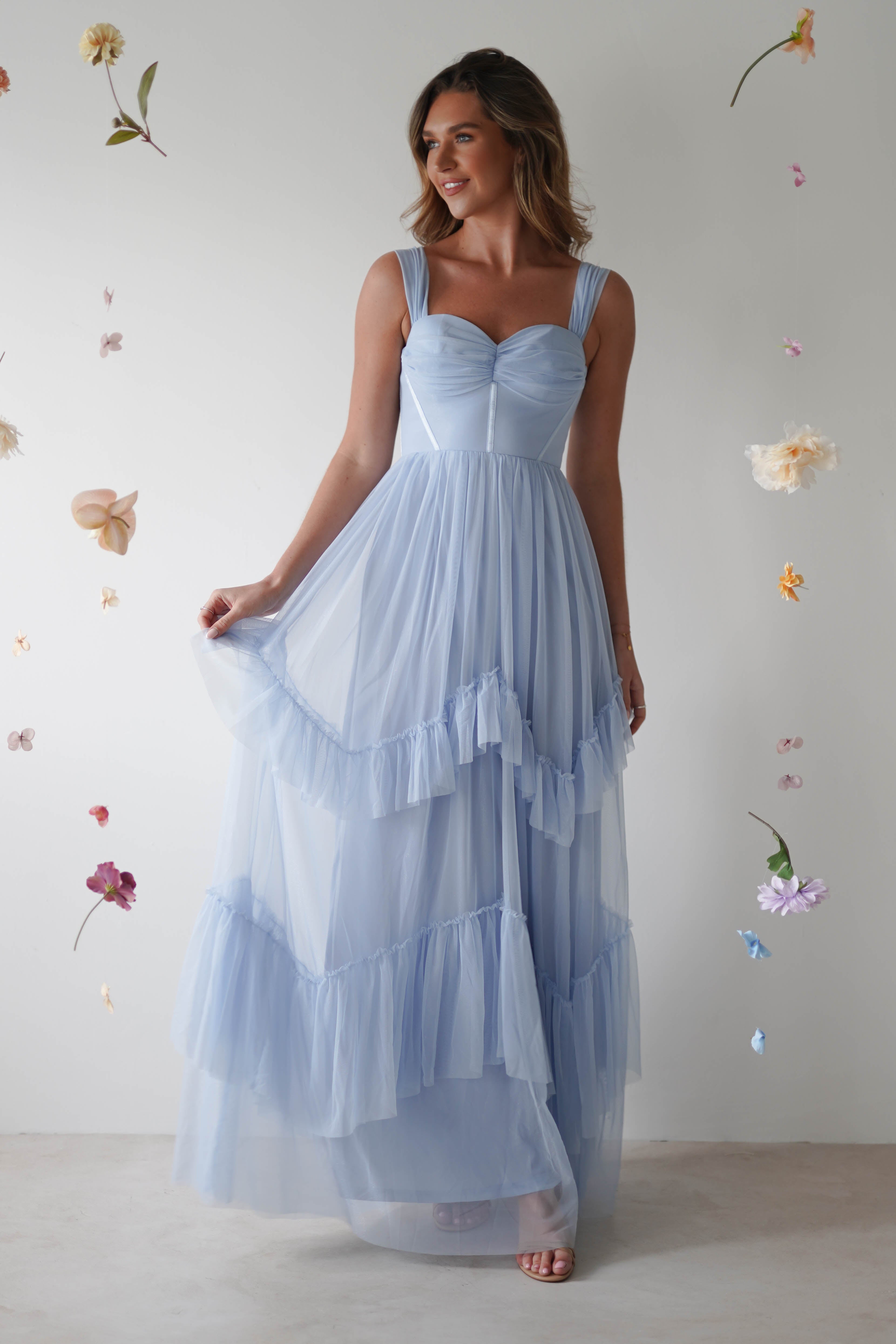 Blue tulle maxi dress best sale