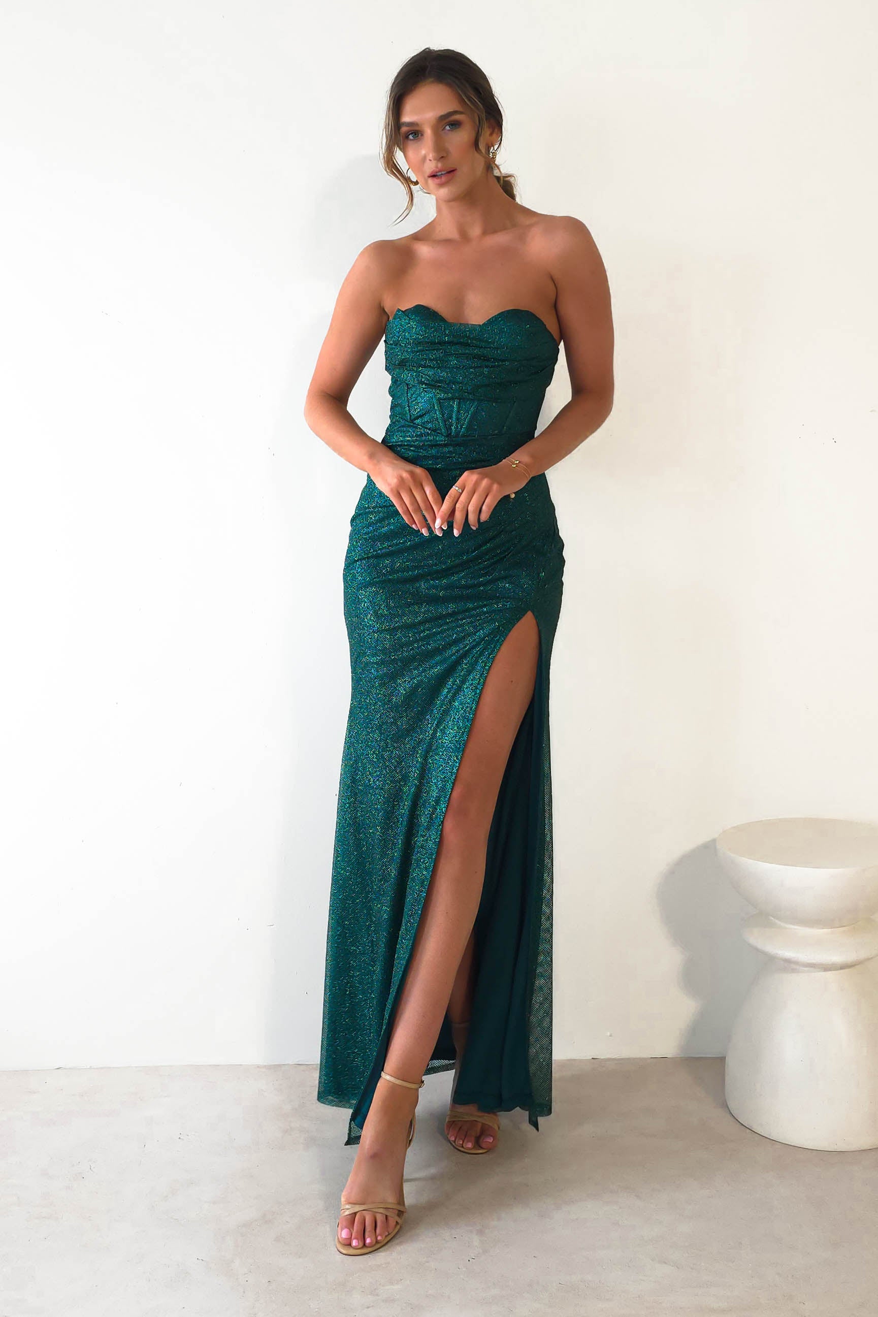 Wisteria Glitter Strapless Gown | Emerald Green