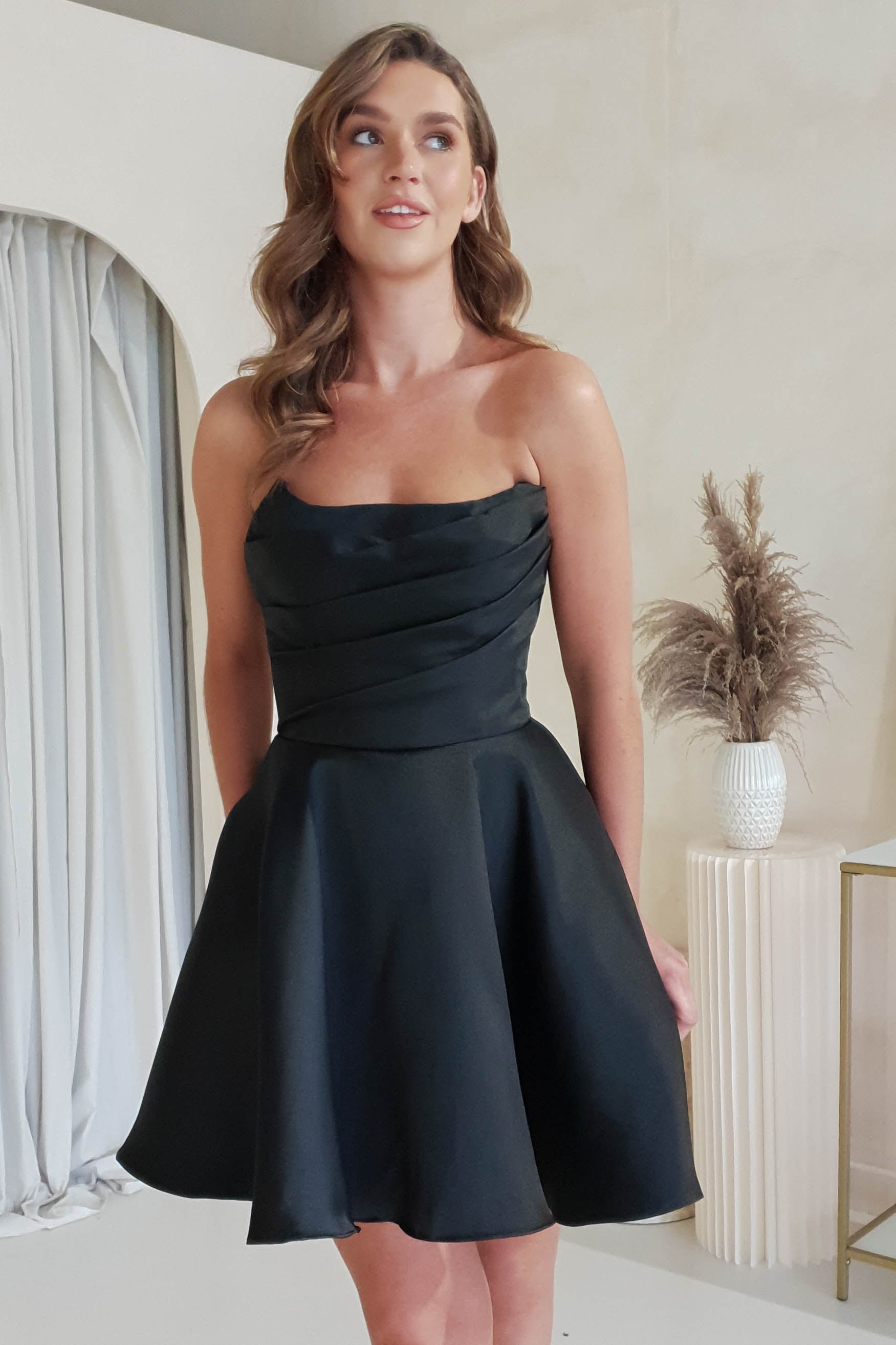 Miya Corset A-Line Satin Mini Dress | Black