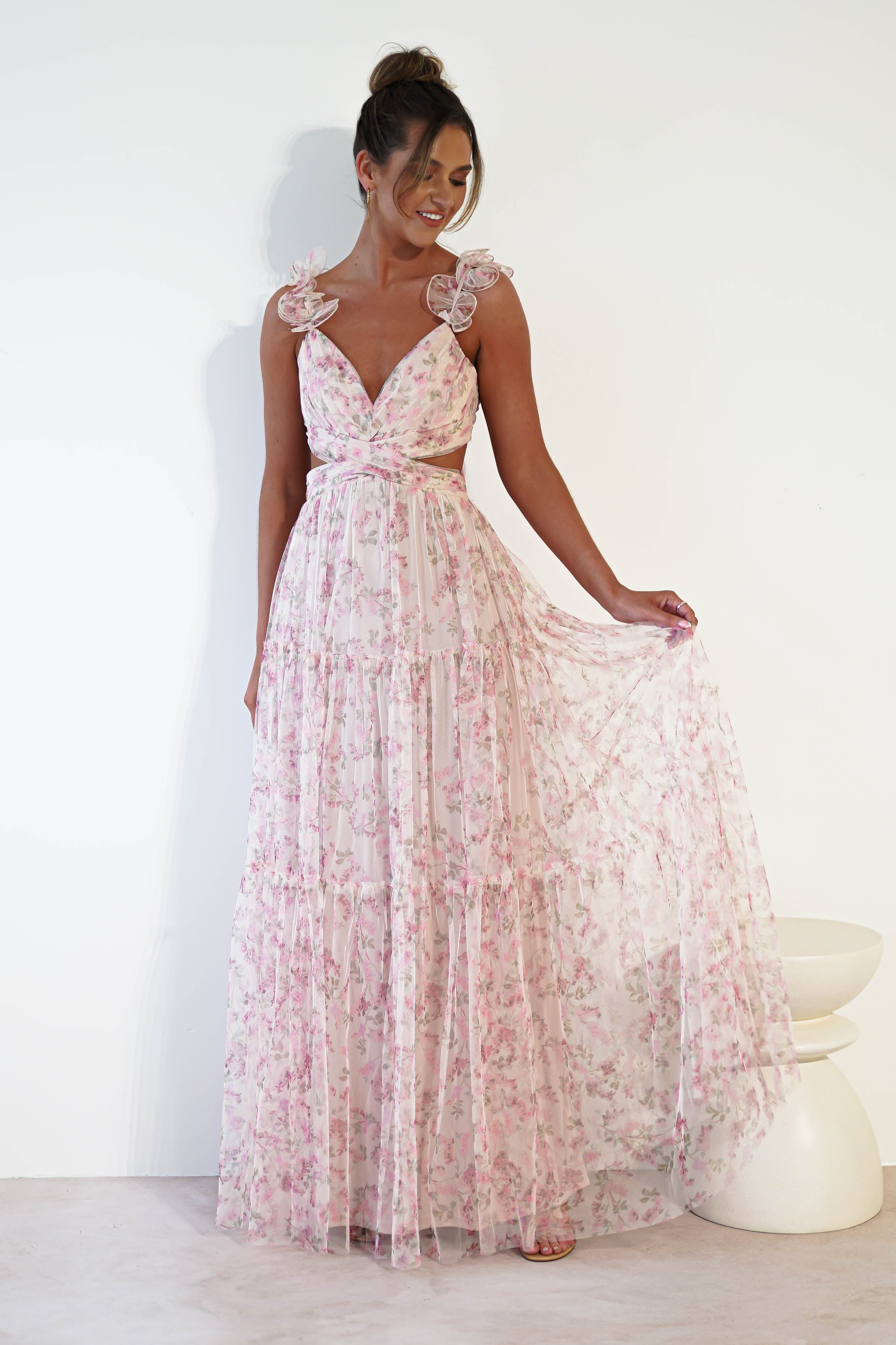 Khristina Floral Tulle Maxi Dress | Cream