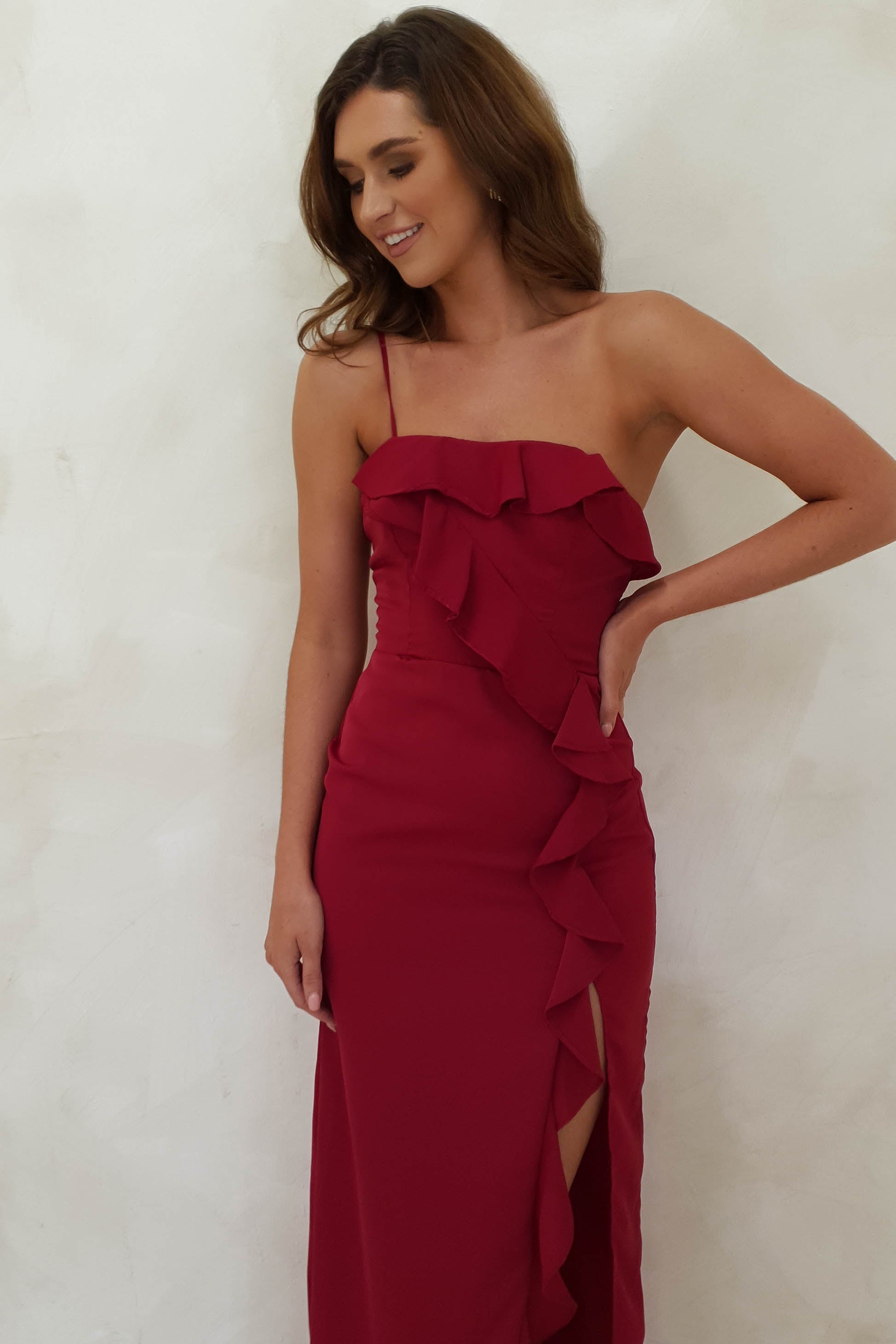 Julien Ruffle Maxi Dress Berry Red