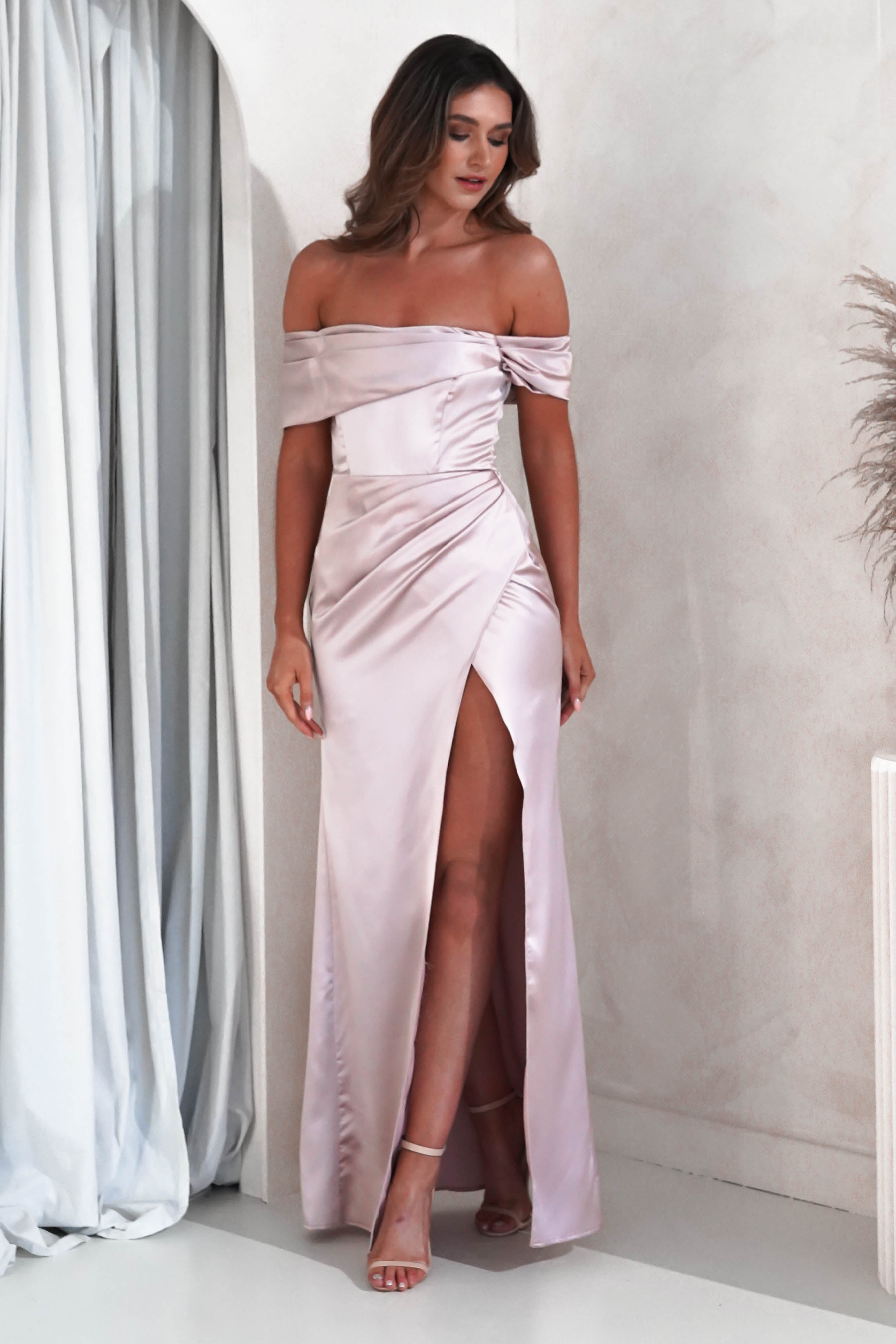 Honey Soft Satin Maxi Gown | Champagne/Pink