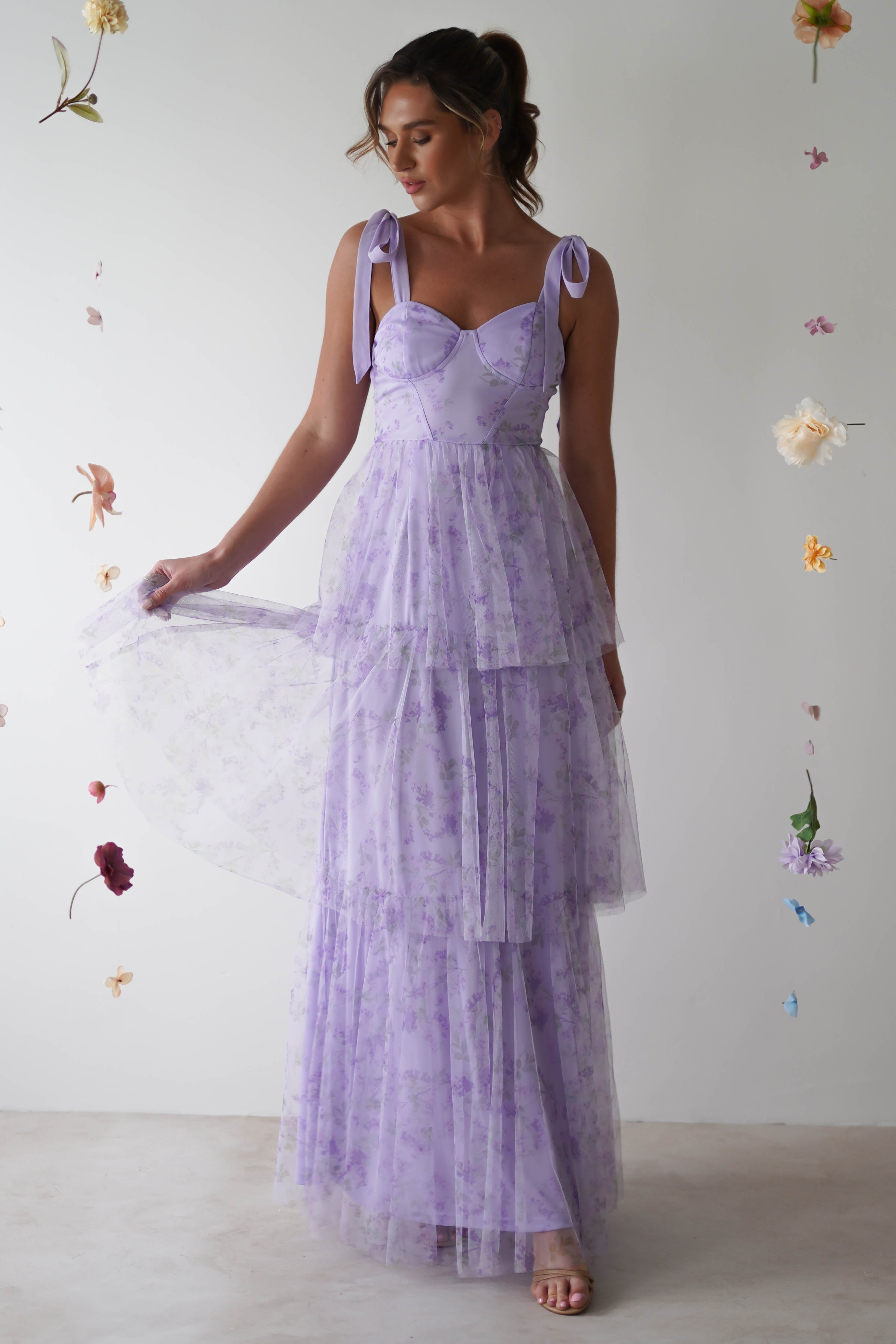 Sylvia Floral Tulle Maxi Dress | Lavendar
