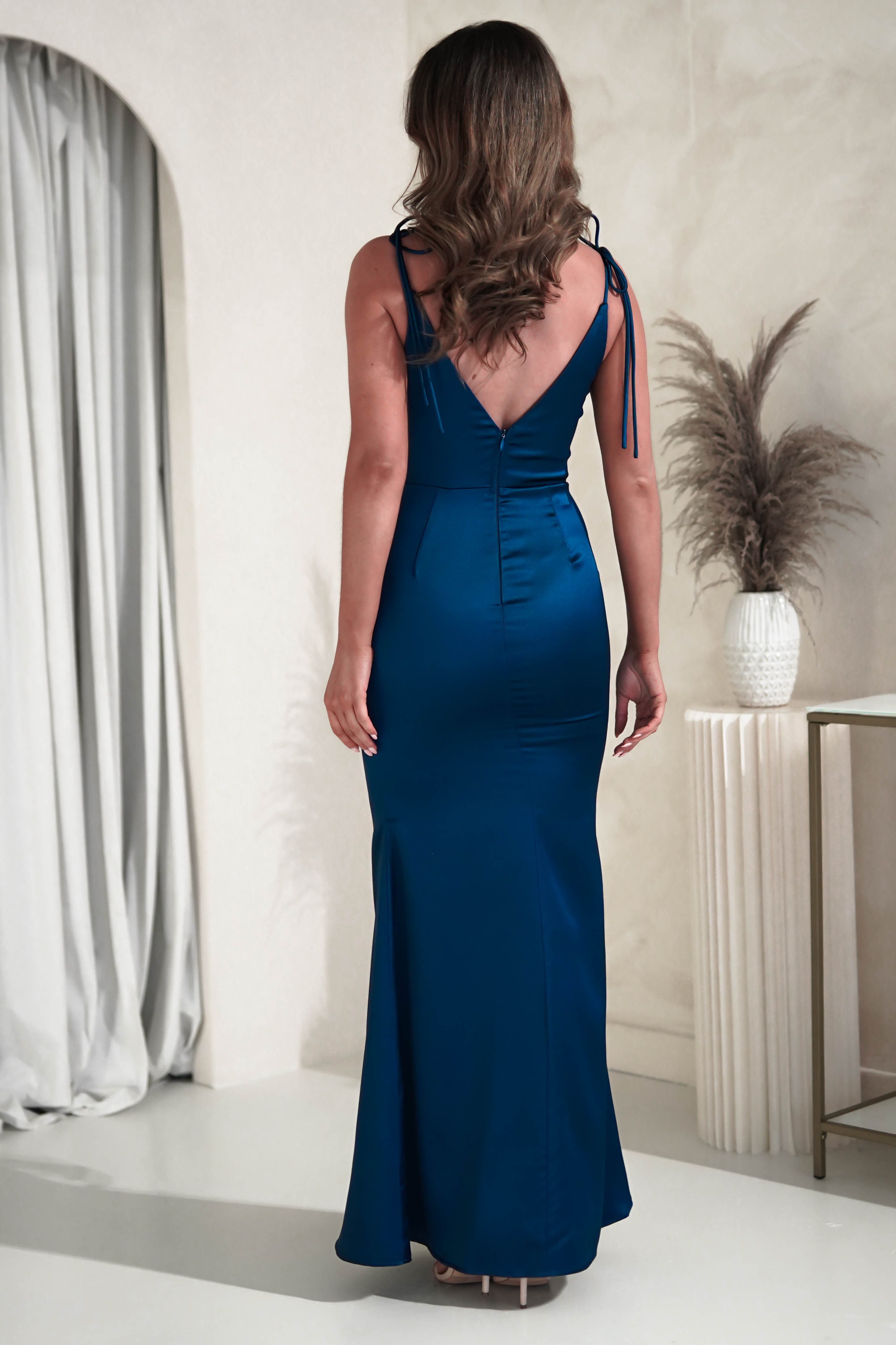 Phillipa Soft Satin Tie Stap Maxi Gown | Teal