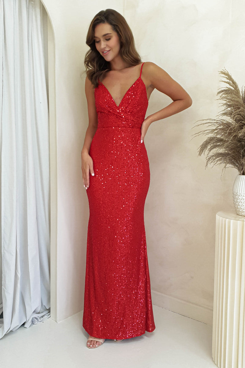 Chaney Sequin Bodycon Gown | Red