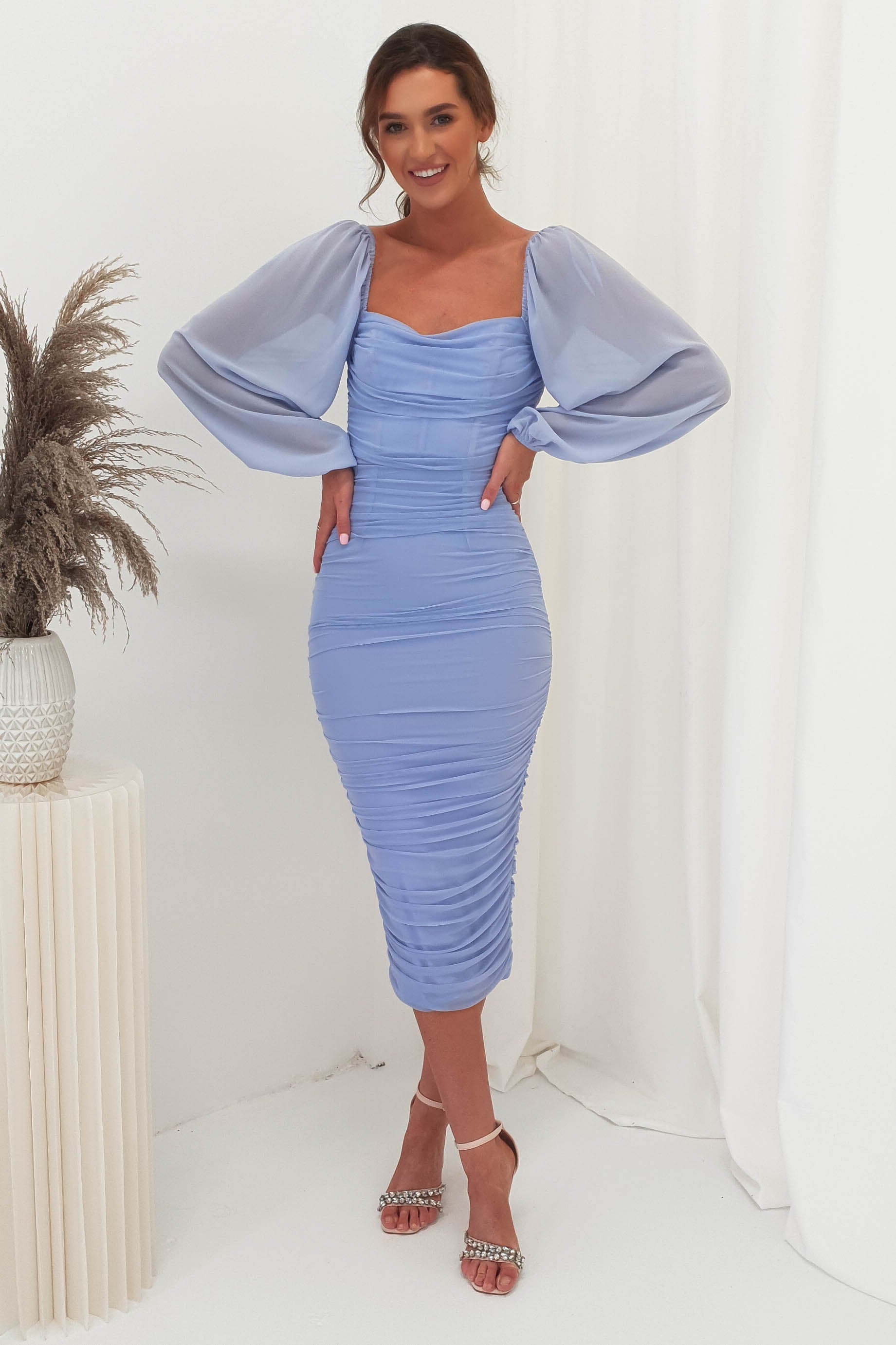 Arletta Long Sleeve Midi Dress | Dusty Blue