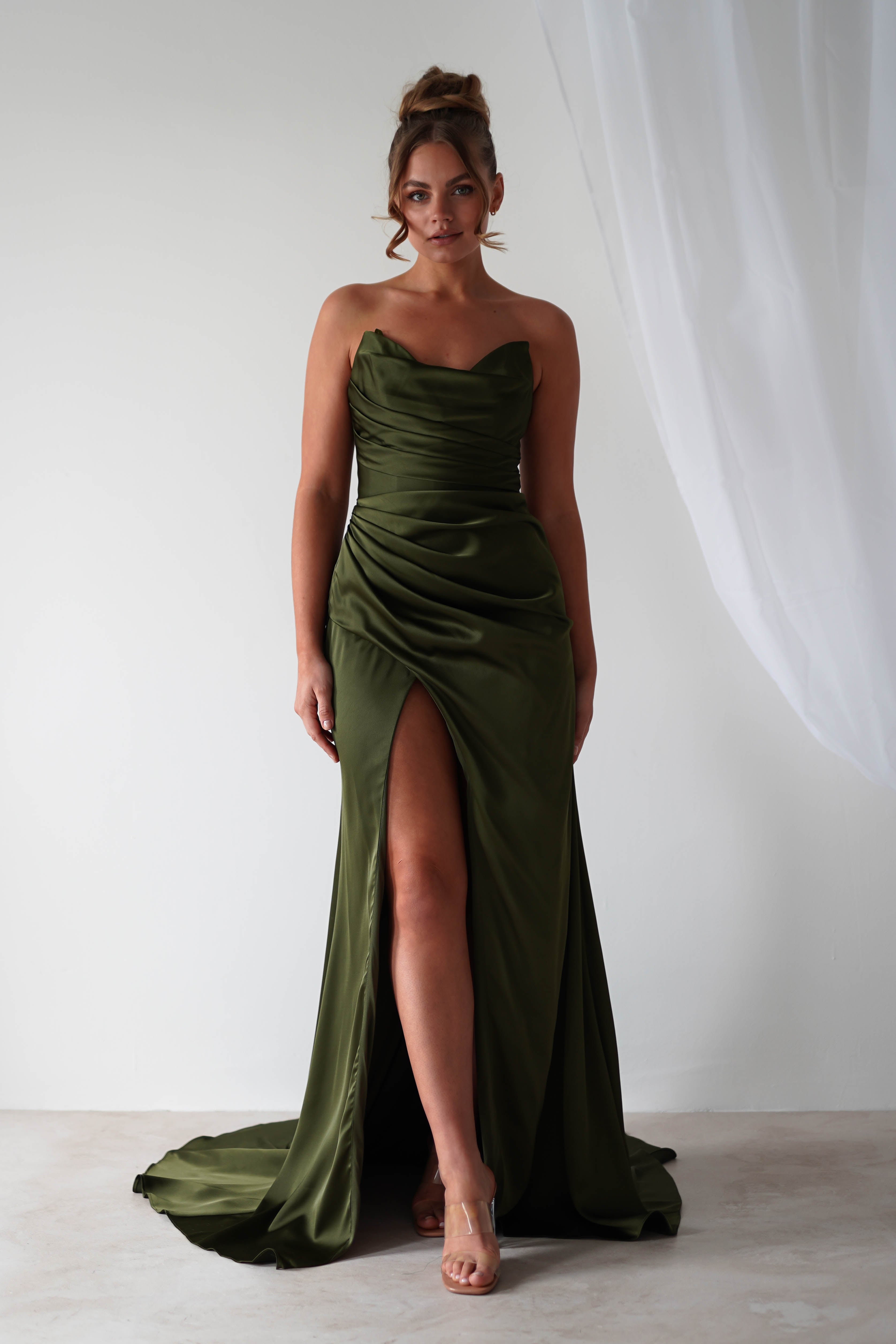 Italia Bodycon Satin Gown | Olive