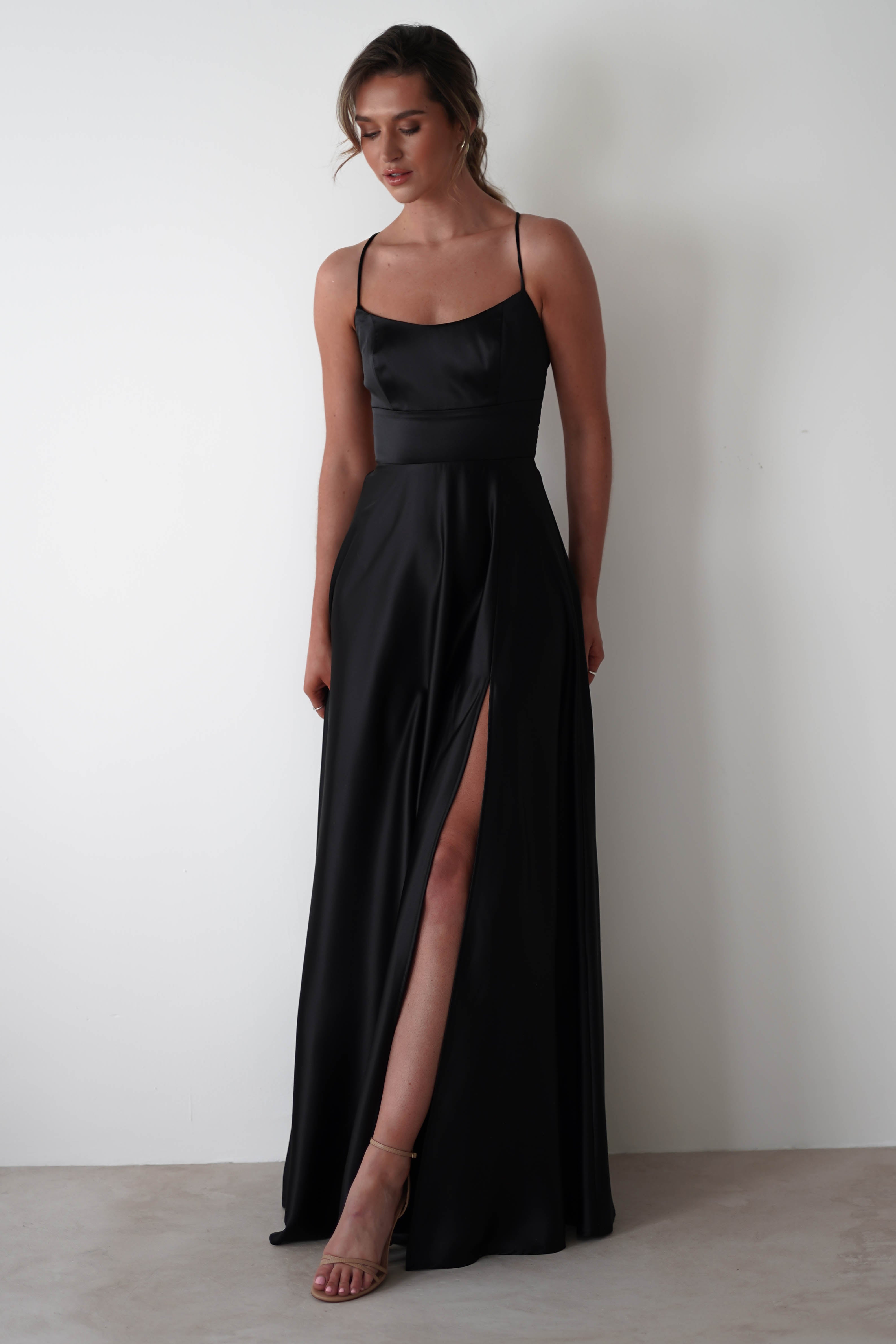 Leelie Silky Satin Maxi Gown | Black