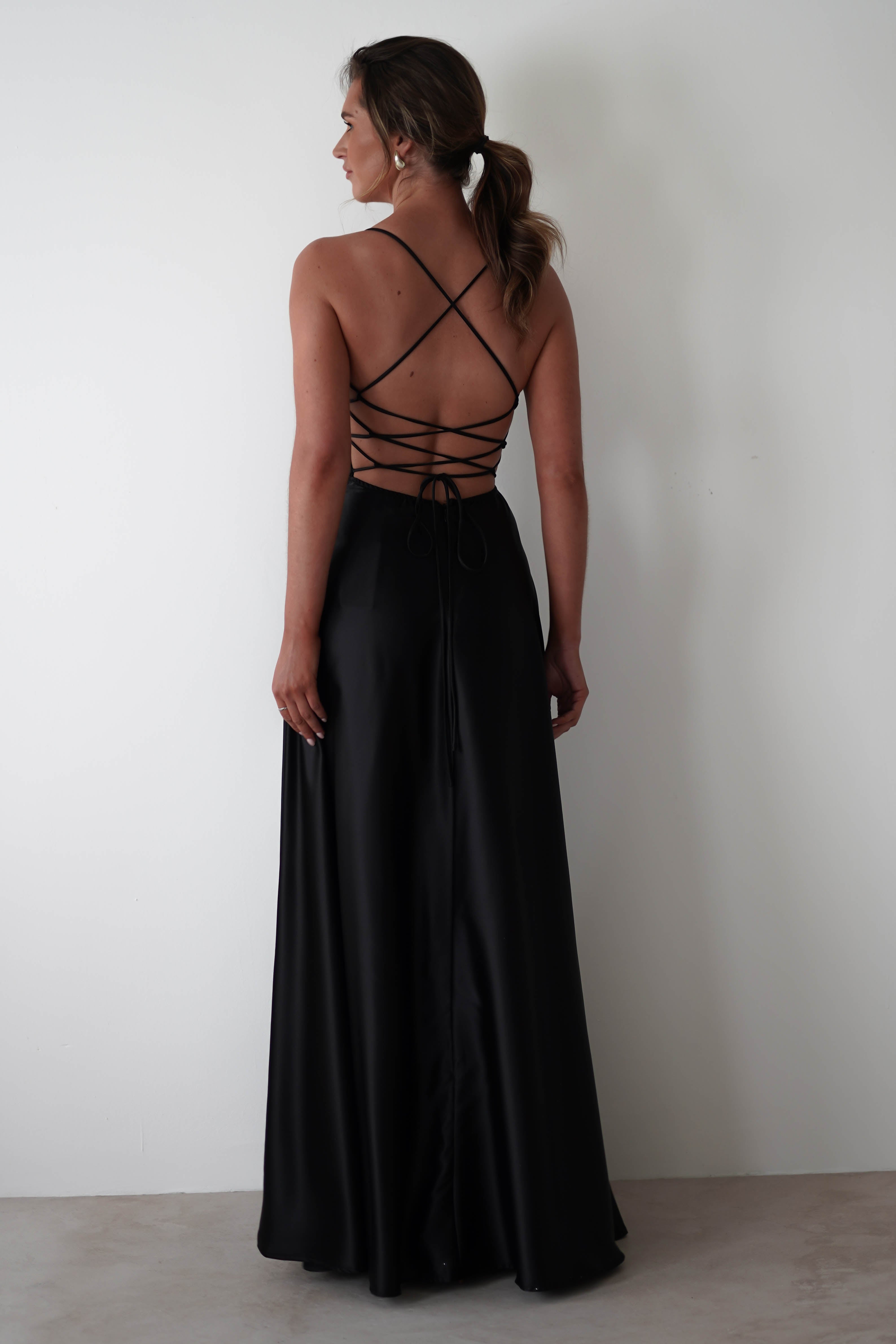 Leelie Silky Satin Maxi Gown | Black