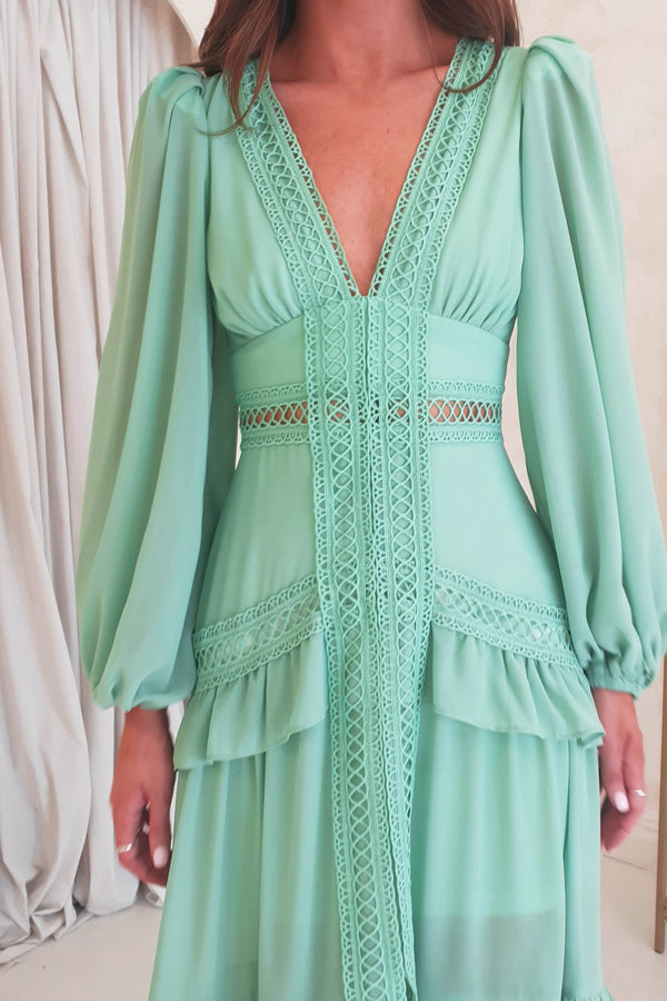 Lorie Long Sleeve Ruffle Gown | Light Green