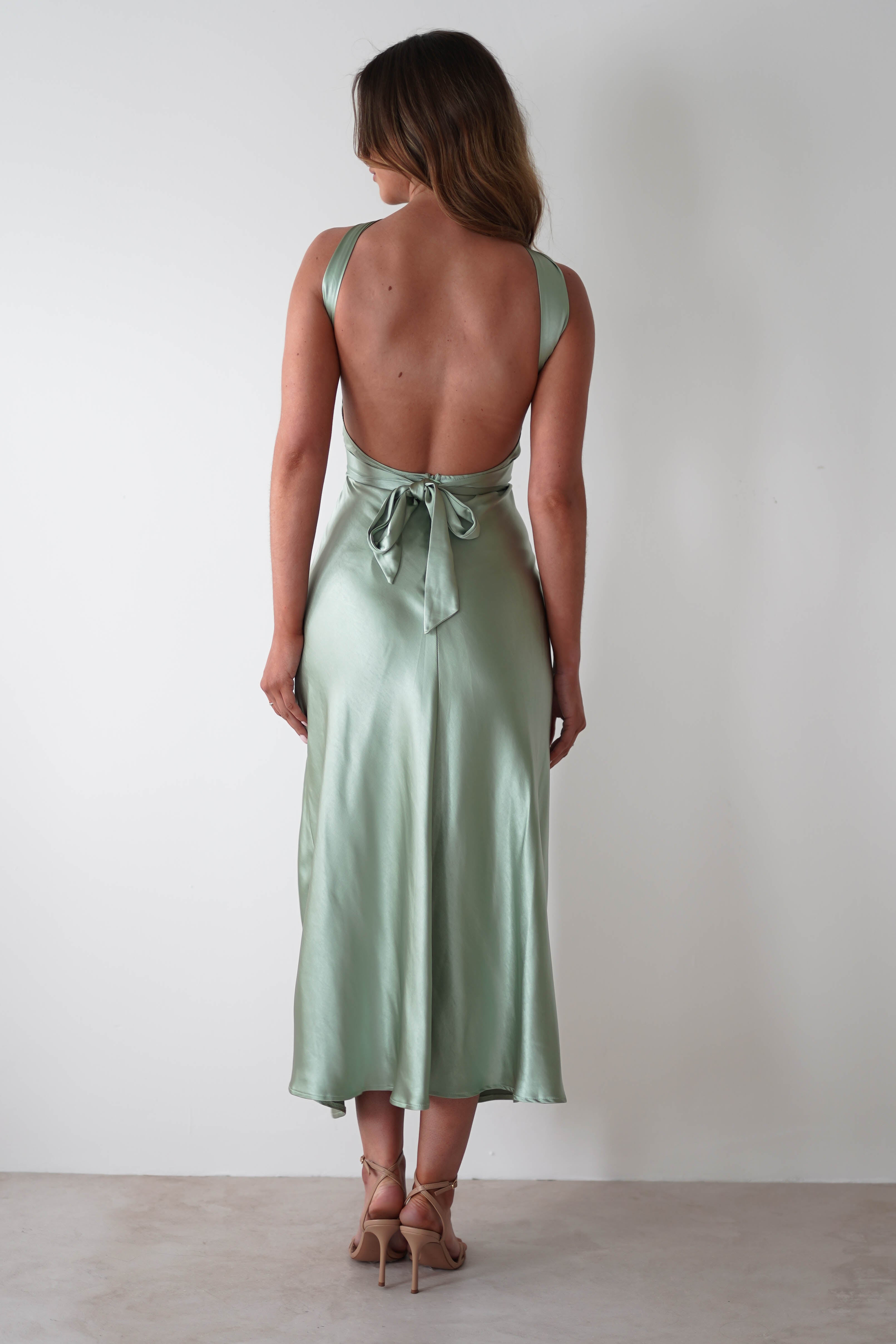 Olivia Soft Satin Midi Dress | Sage