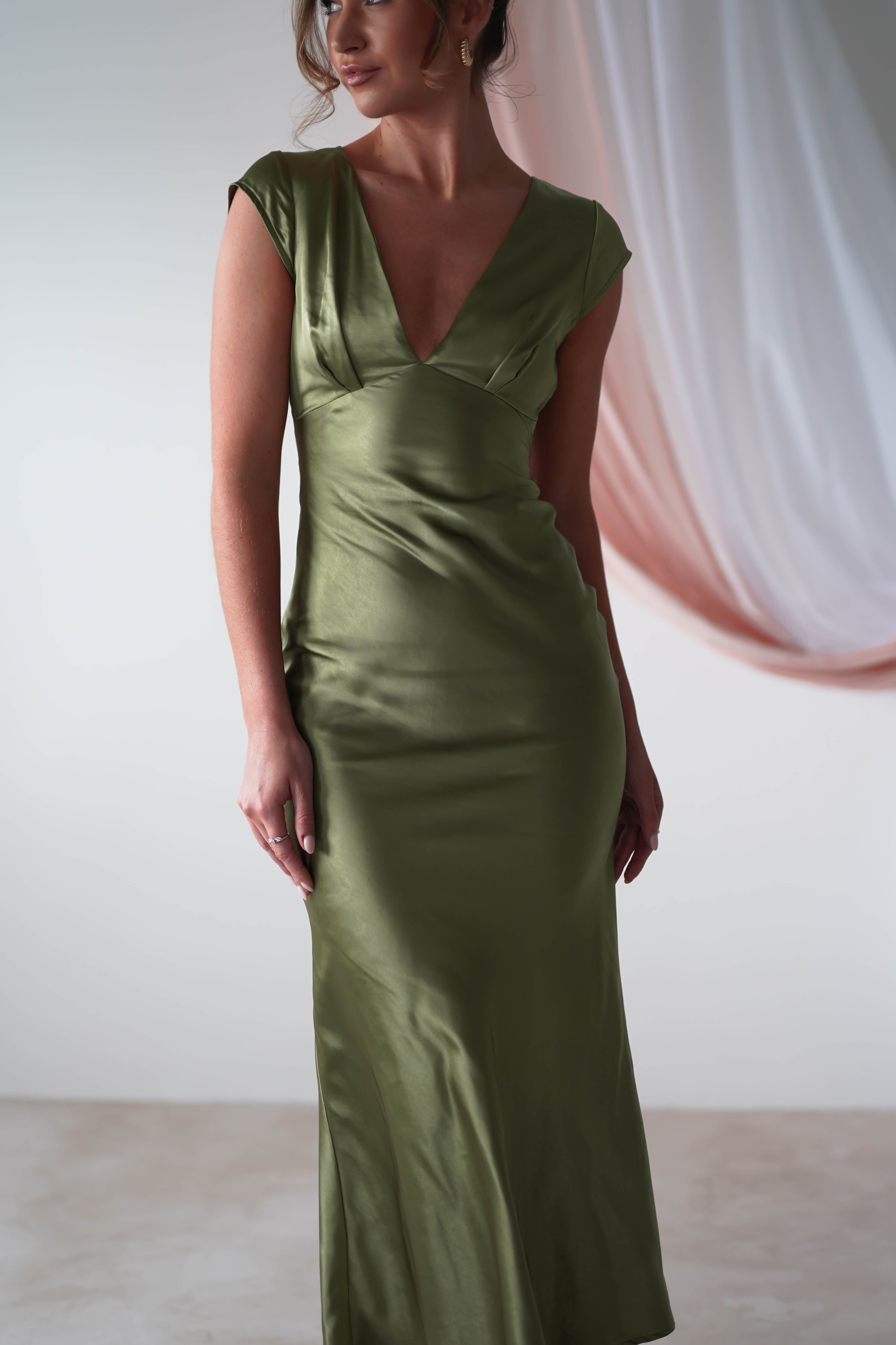 Nellie Soft Satin Midaxi Dress | Olive