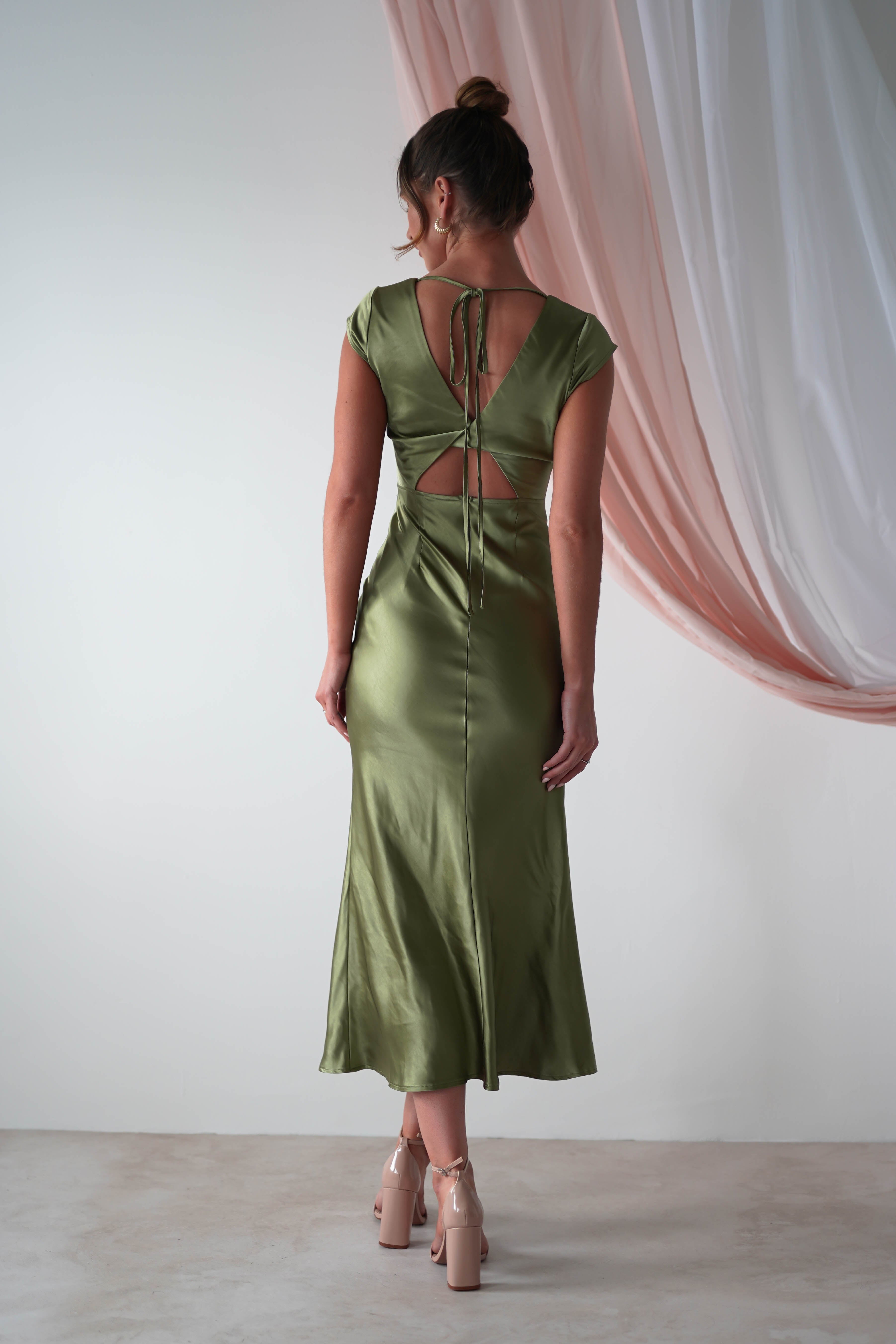 Nellie Soft Satin Midaxi Dress | Olive