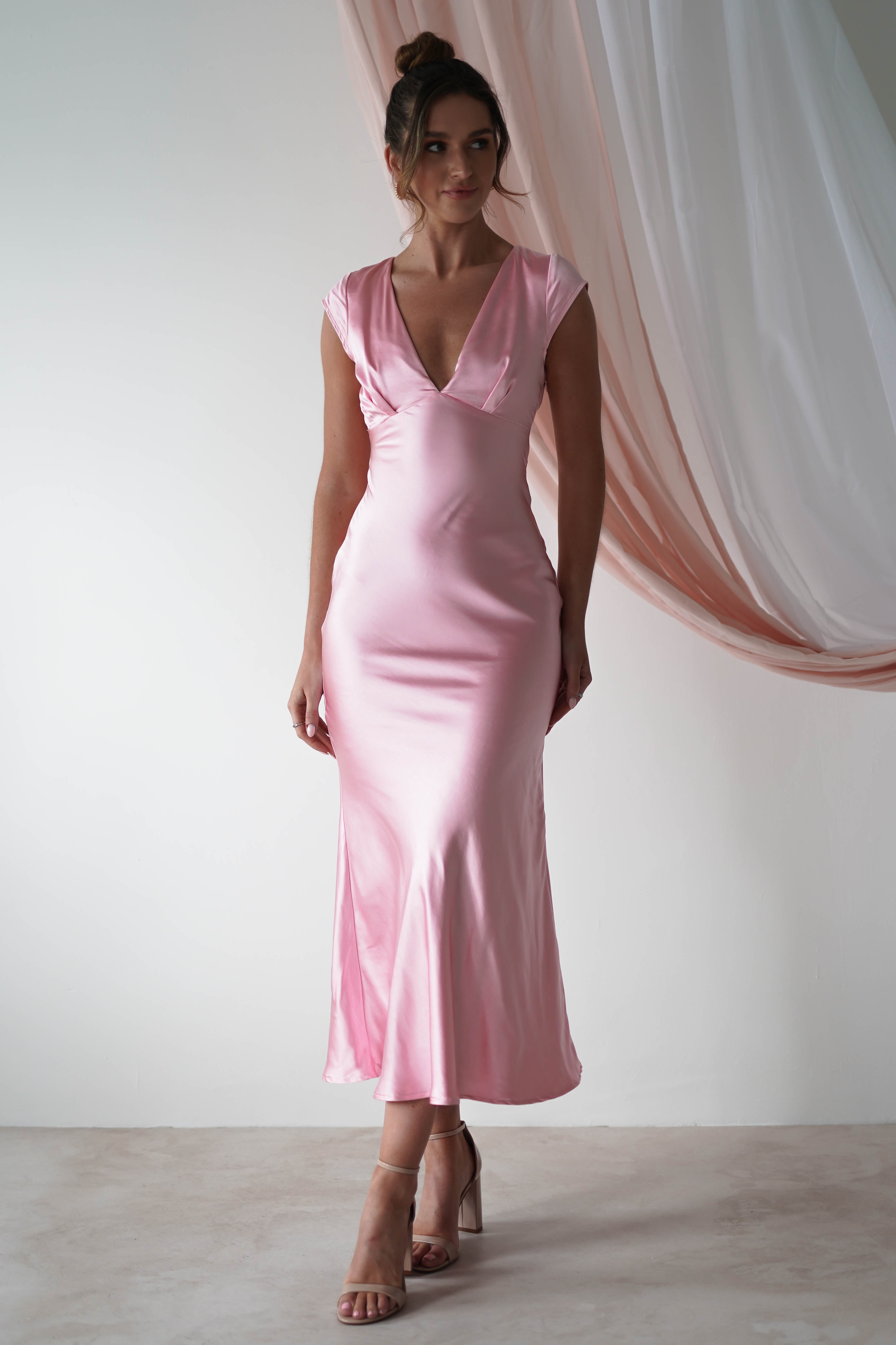 Nellie Soft Satin Midaxi Dress | Pink
