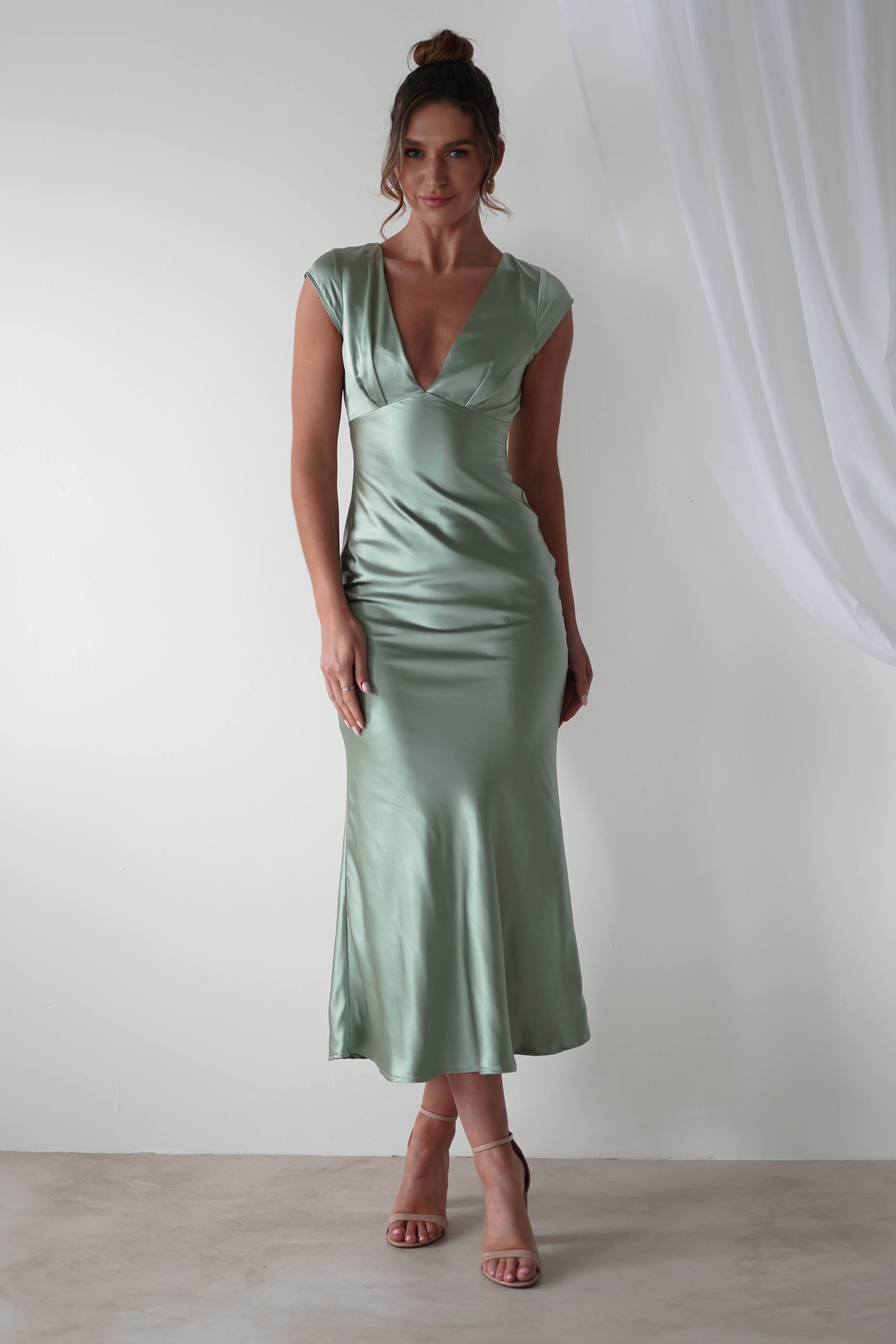 Nellie Soft Satin Midaxi Dress | Sage Green