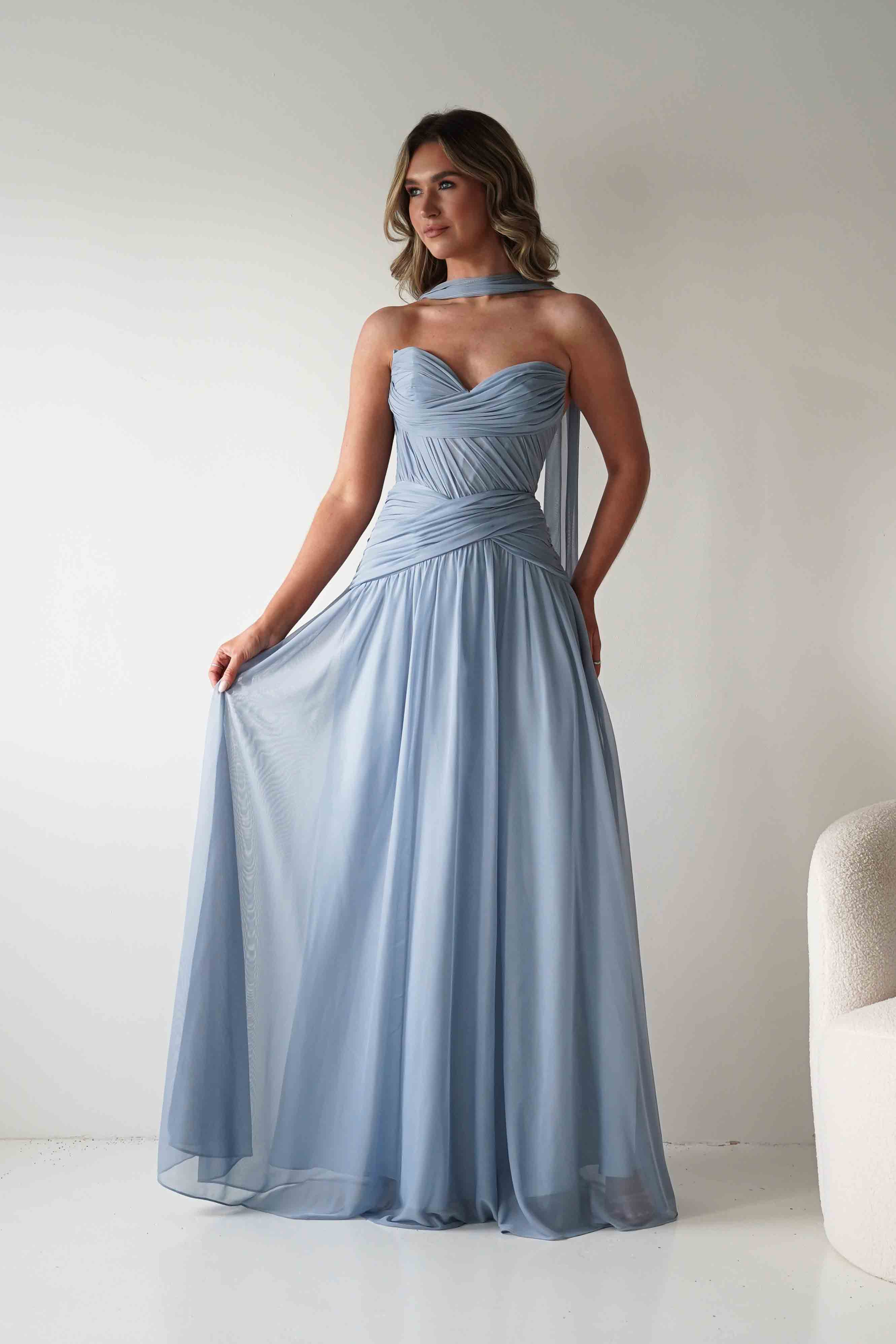 Oh Hello Clothing Women > Clothing > Dresses * DONE - Nicolette Strapless Chiffon Maxi Gown | Dusty Blue
