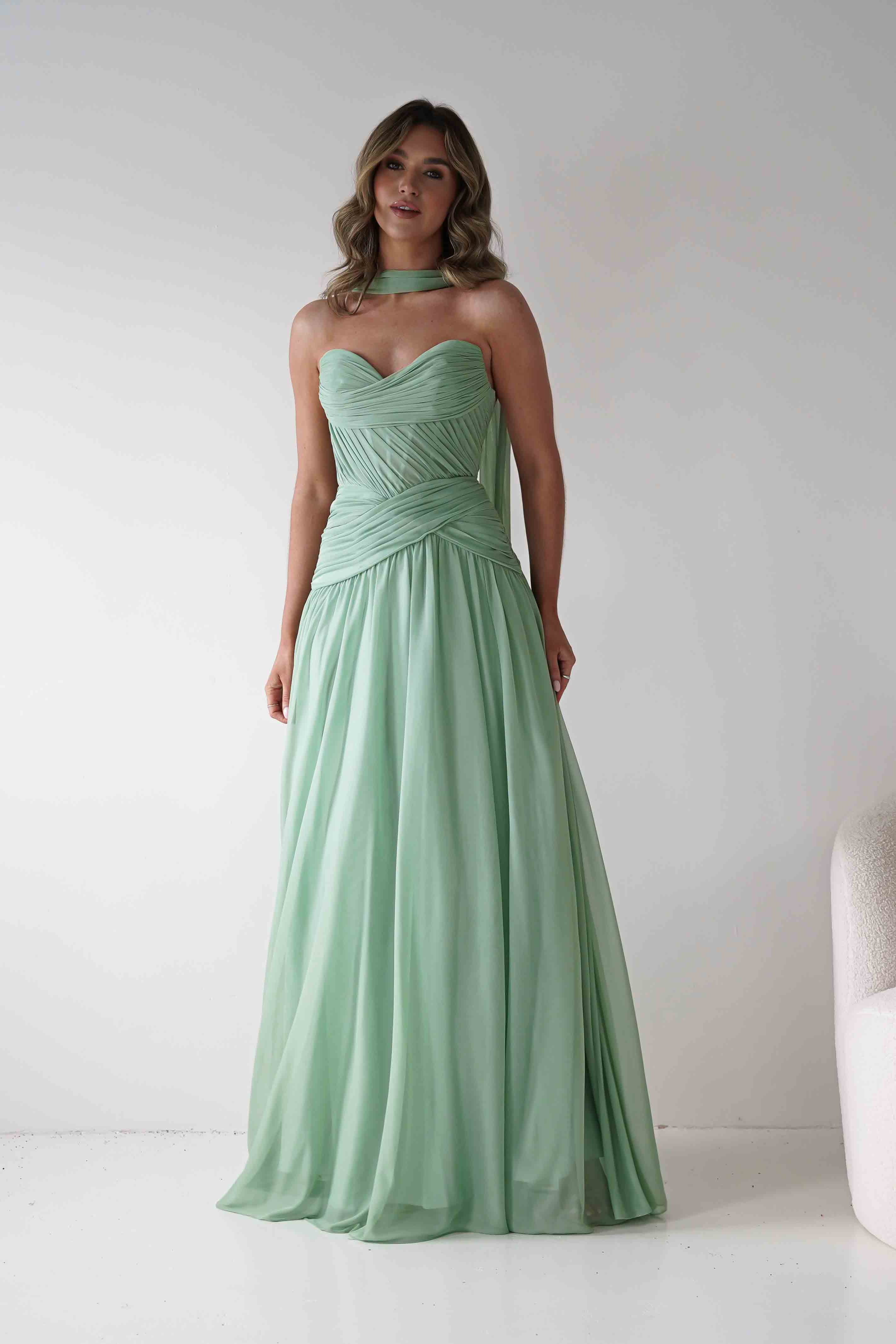 Oh Hello Clothing Women > Clothing > Dresses * DONE - Nicolette Strapless Chiffon Maxi Gown | Sage