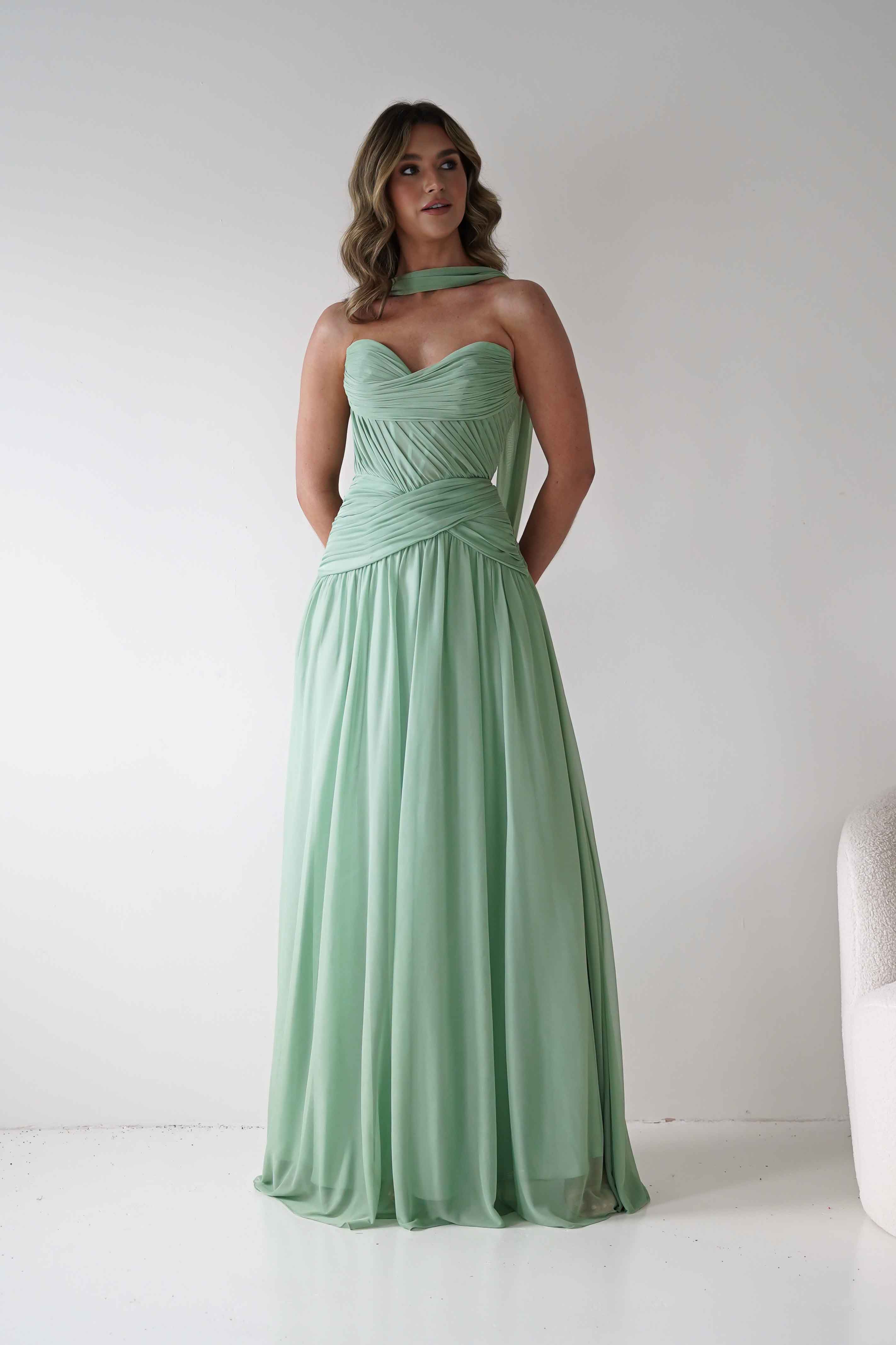 Oh Hello Clothing Women > Clothing > Dresses * DONE - Nicolette Strapless Chiffon Maxi Gown | Sage