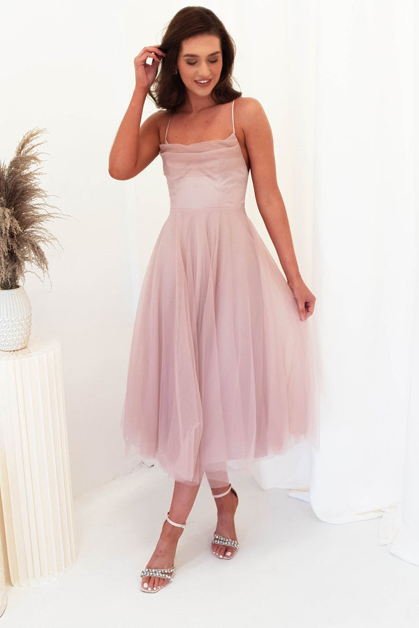 Pearl Tulle Midi Dress | Mocha