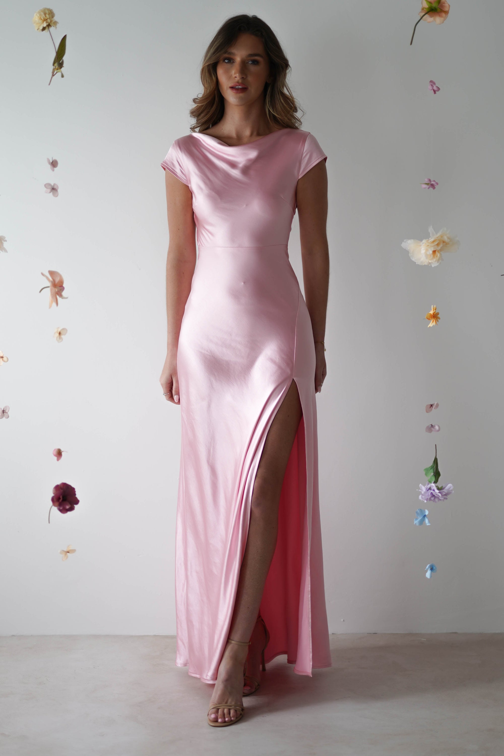 Soft Pink Draped Belted Satin Maxi Dress