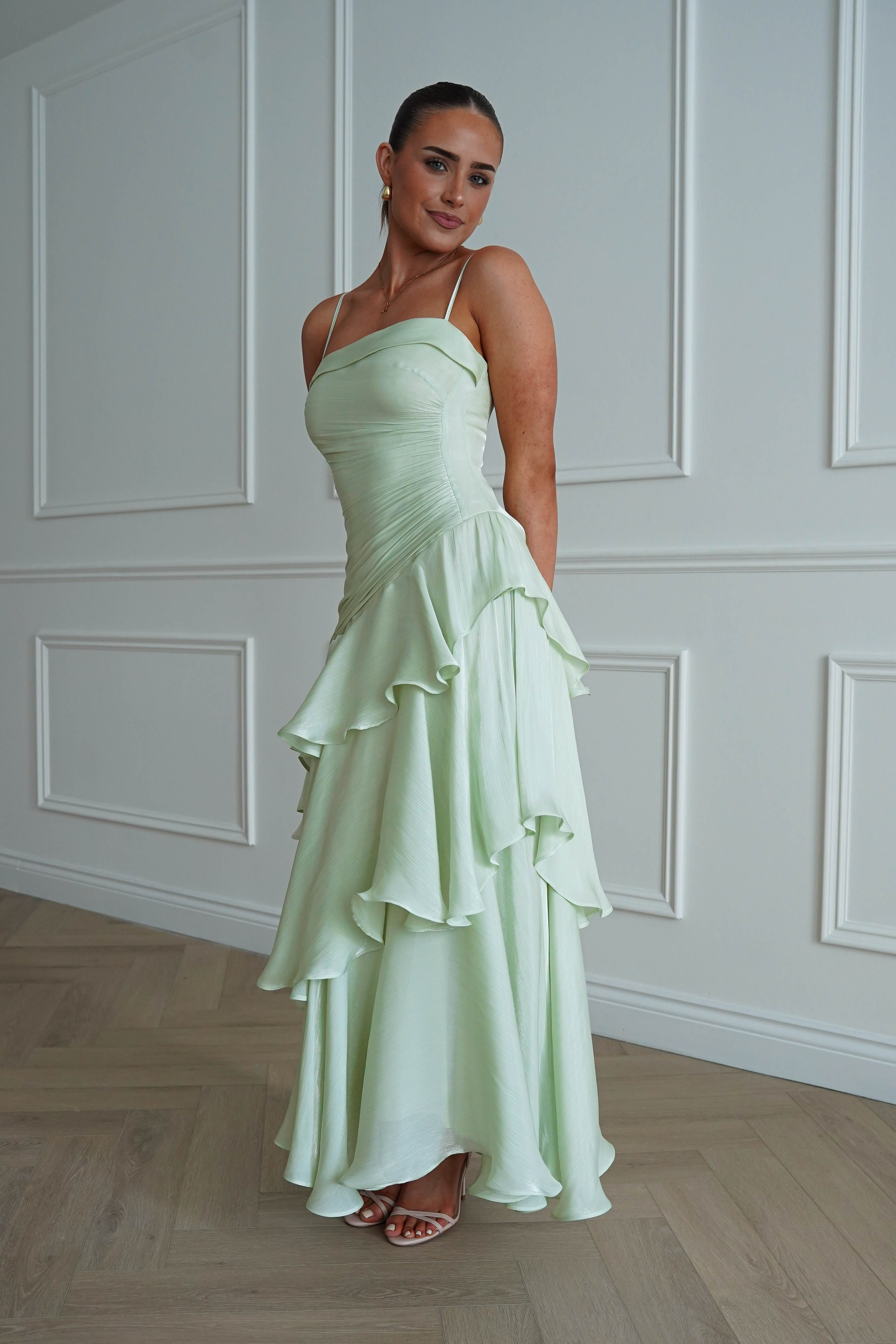 Oh Hello Clothing Women > Clothing > Dresses *DONE - Renee Luminescent Ruffle Maxi Dress | Pistachio