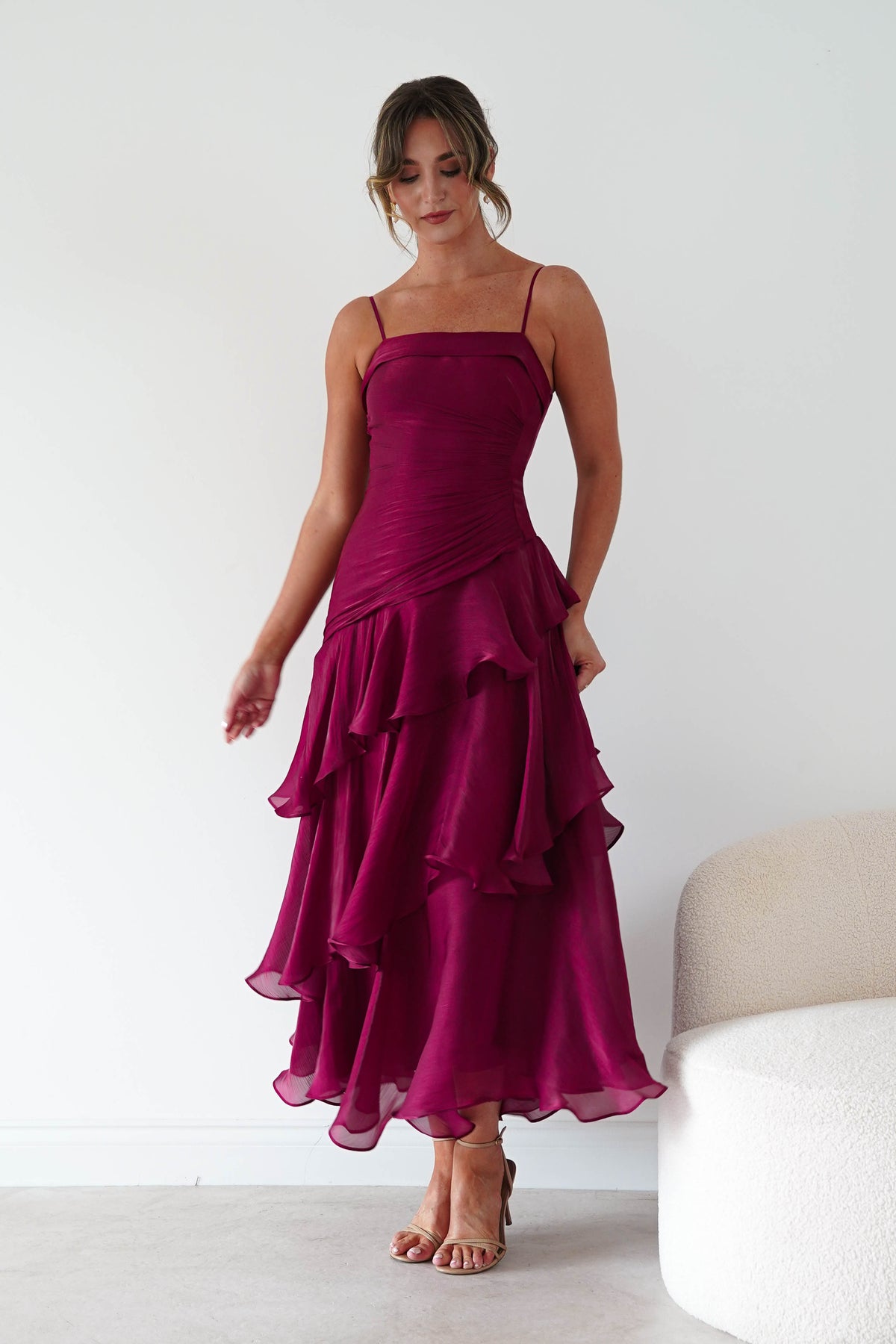 Oh Hello Clothing Women > Clothing > Dresses * DONE Renee Luminescent Ruffle Maxi Dress | Wine