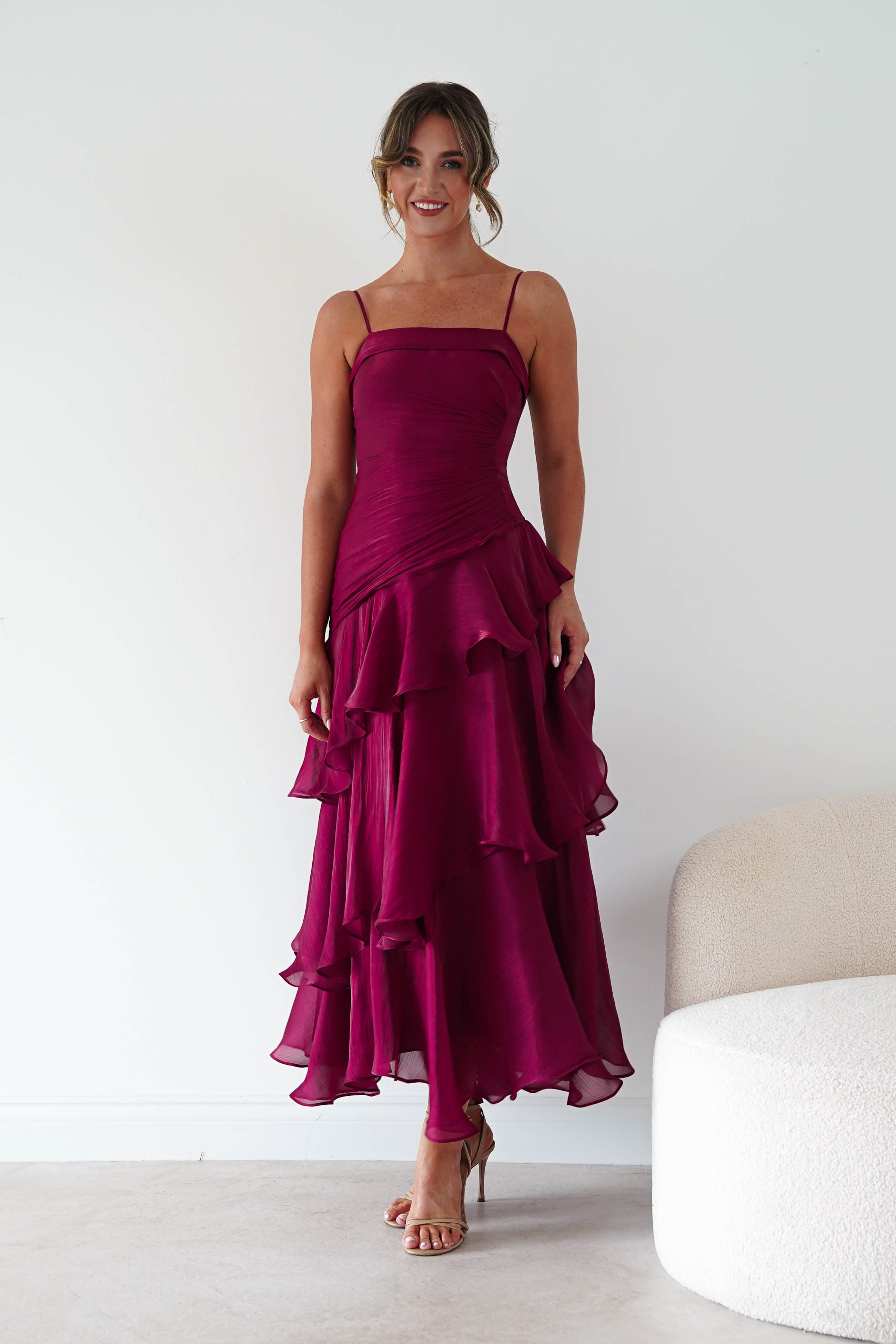 Oh Hello Clothing Women > Clothing > Dresses * DONE Renee Luminescent Ruffle Maxi Dress | Wine