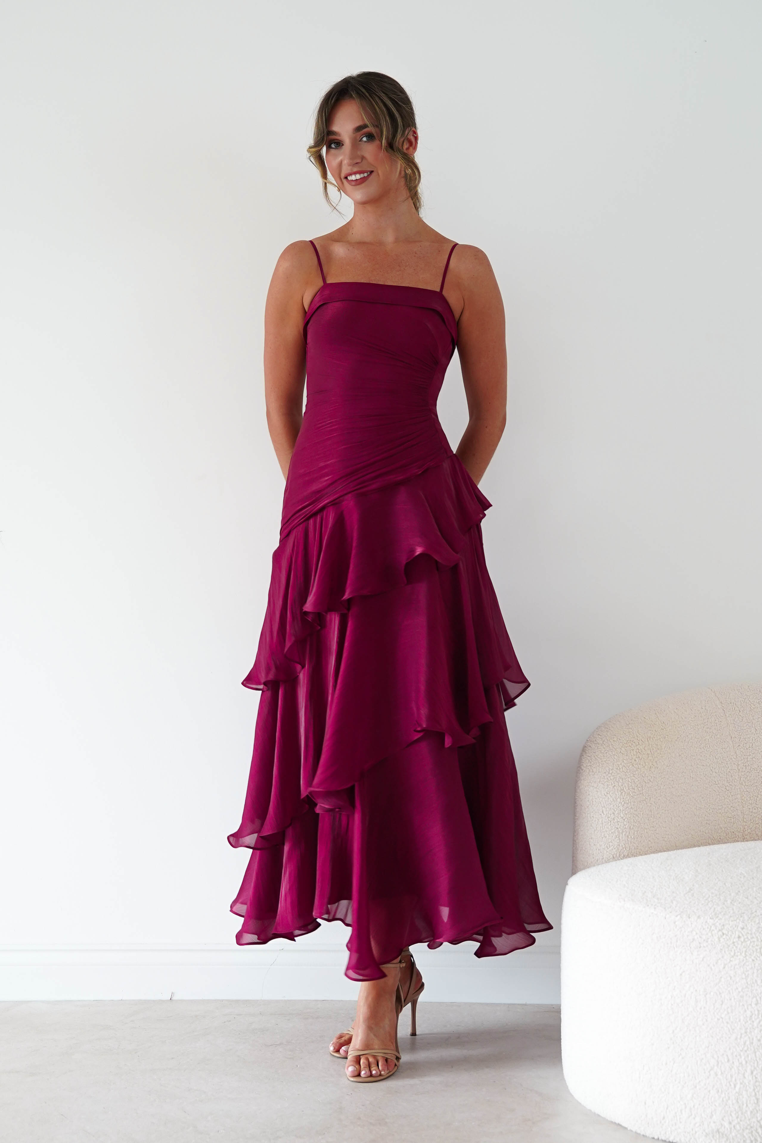 Oh Hello Clothing Women > Clothing > Dresses * DONE Renee Luminescent Ruffle Maxi Dress | Wine