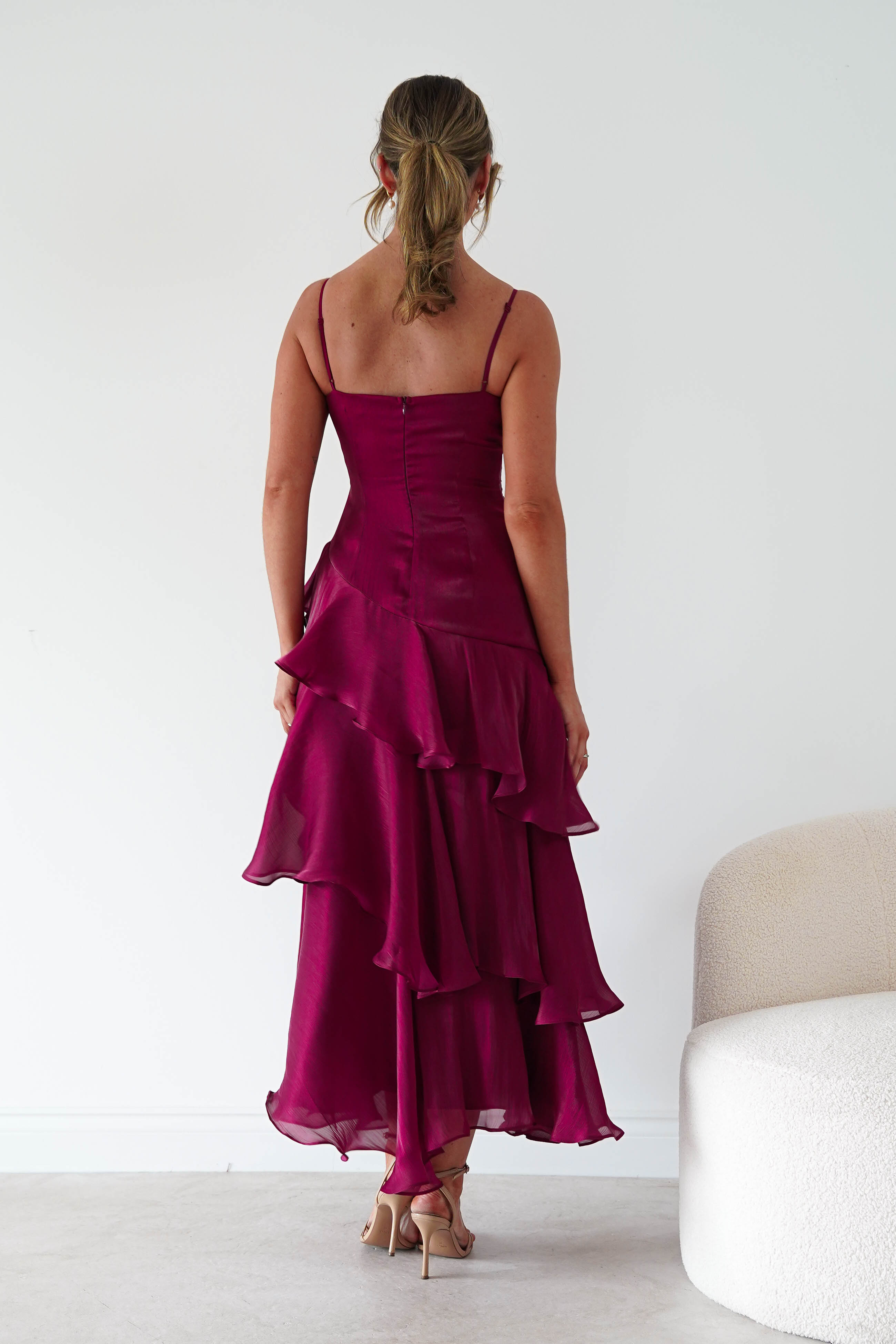 Oh Hello Clothing Women > Clothing > Dresses * DONE Renee Luminescent Ruffle Maxi Dress | Wine