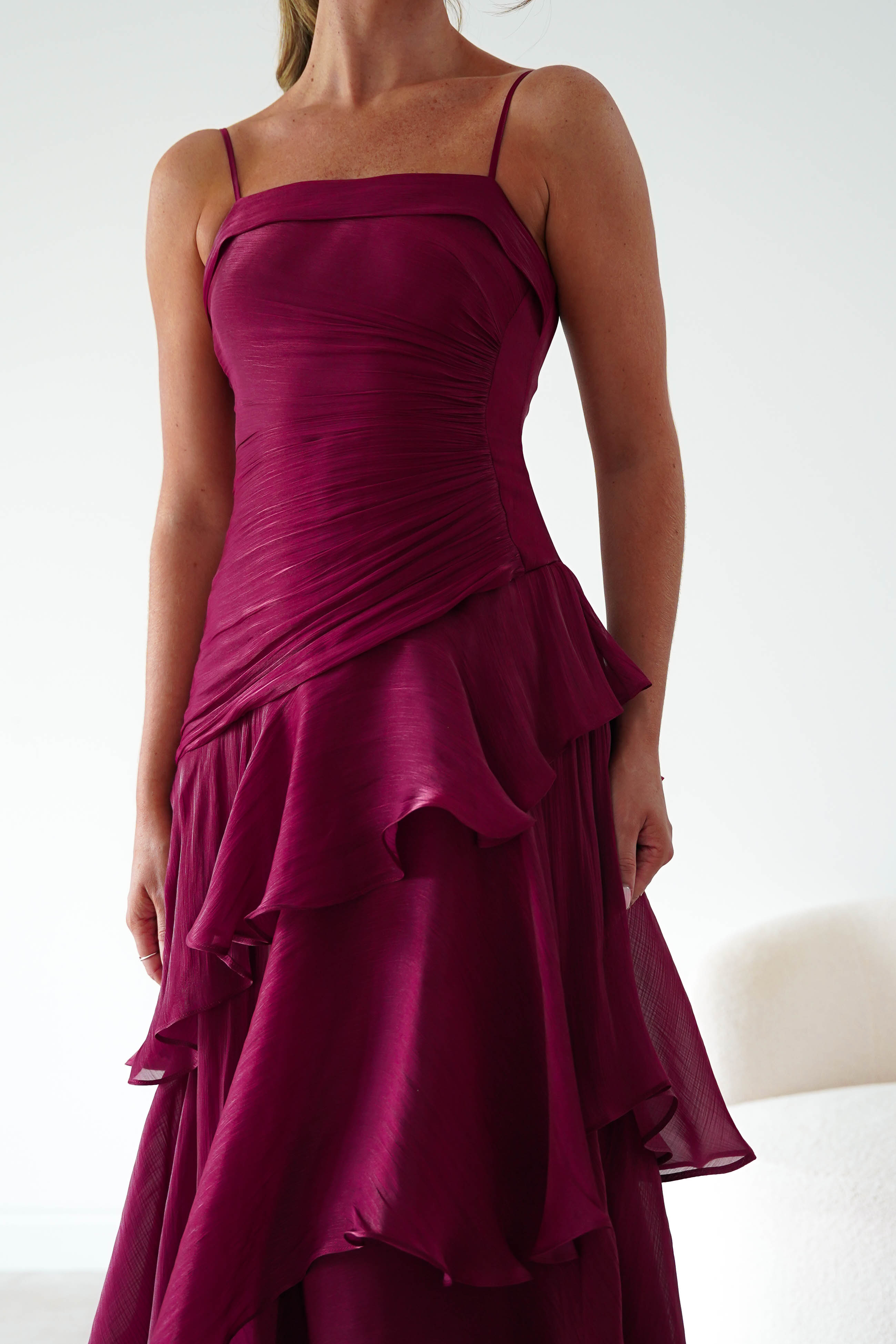 Oh Hello Clothing Women > Clothing > Dresses * DONE Renee Luminescent Ruffle Maxi Dress | Wine