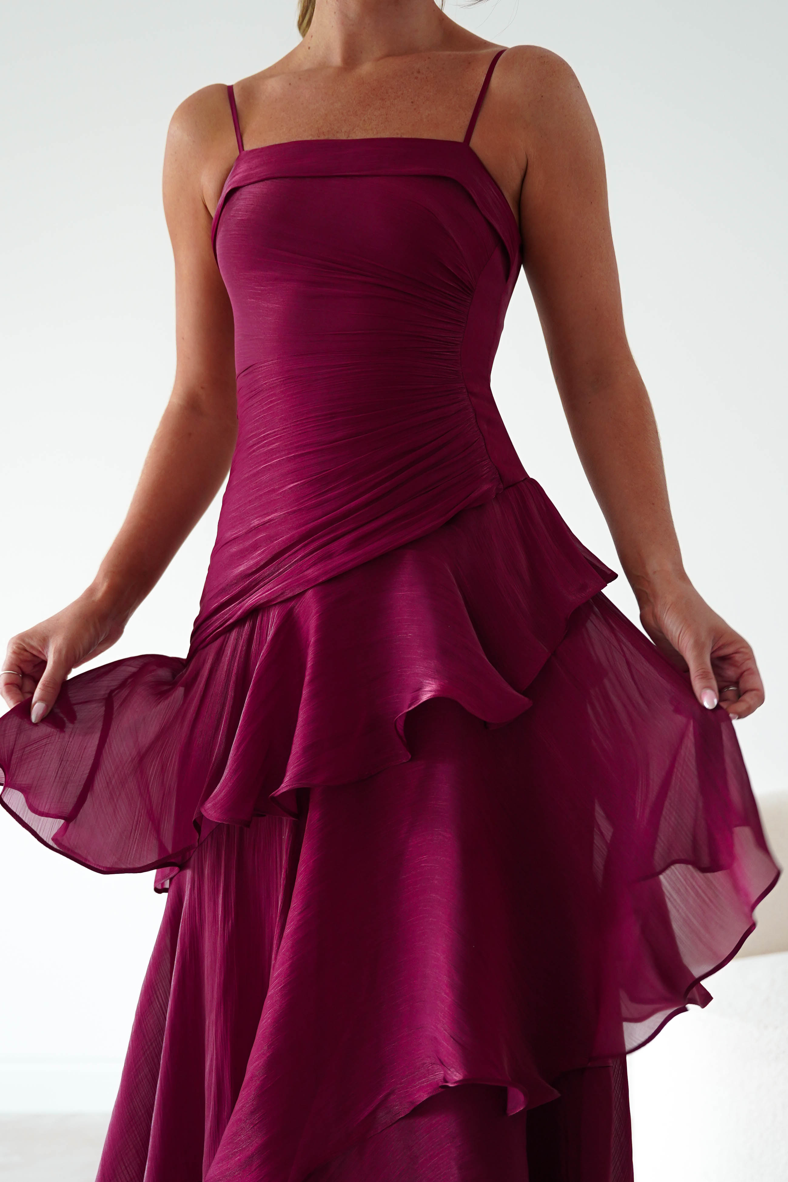 Oh Hello Clothing Women > Clothing > Dresses * DONE Renee Luminescent Ruffle Maxi Dress | Wine