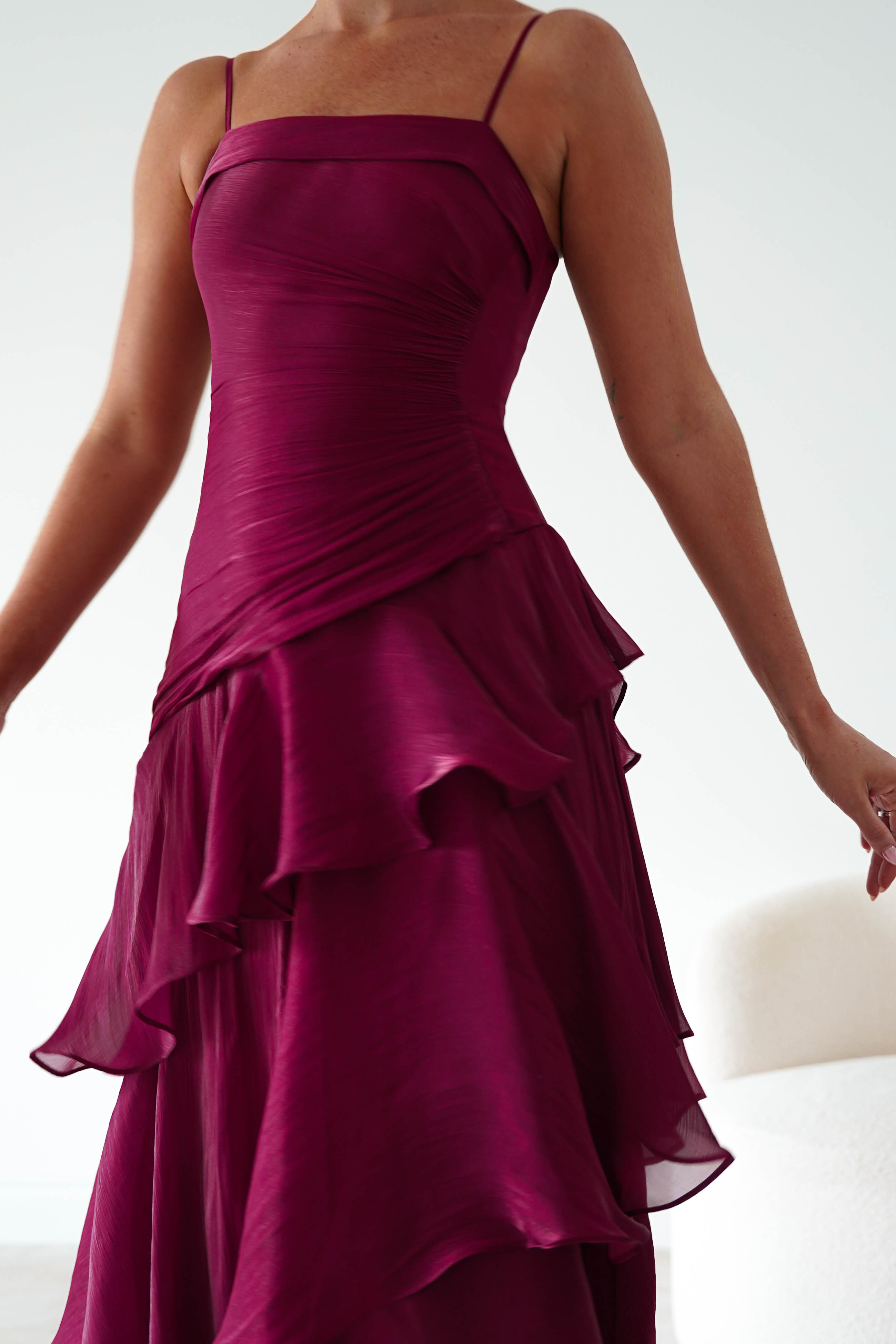 Oh Hello Clothing Women > Clothing > Dresses * DONE Renee Luminescent Ruffle Maxi Dress | Wine