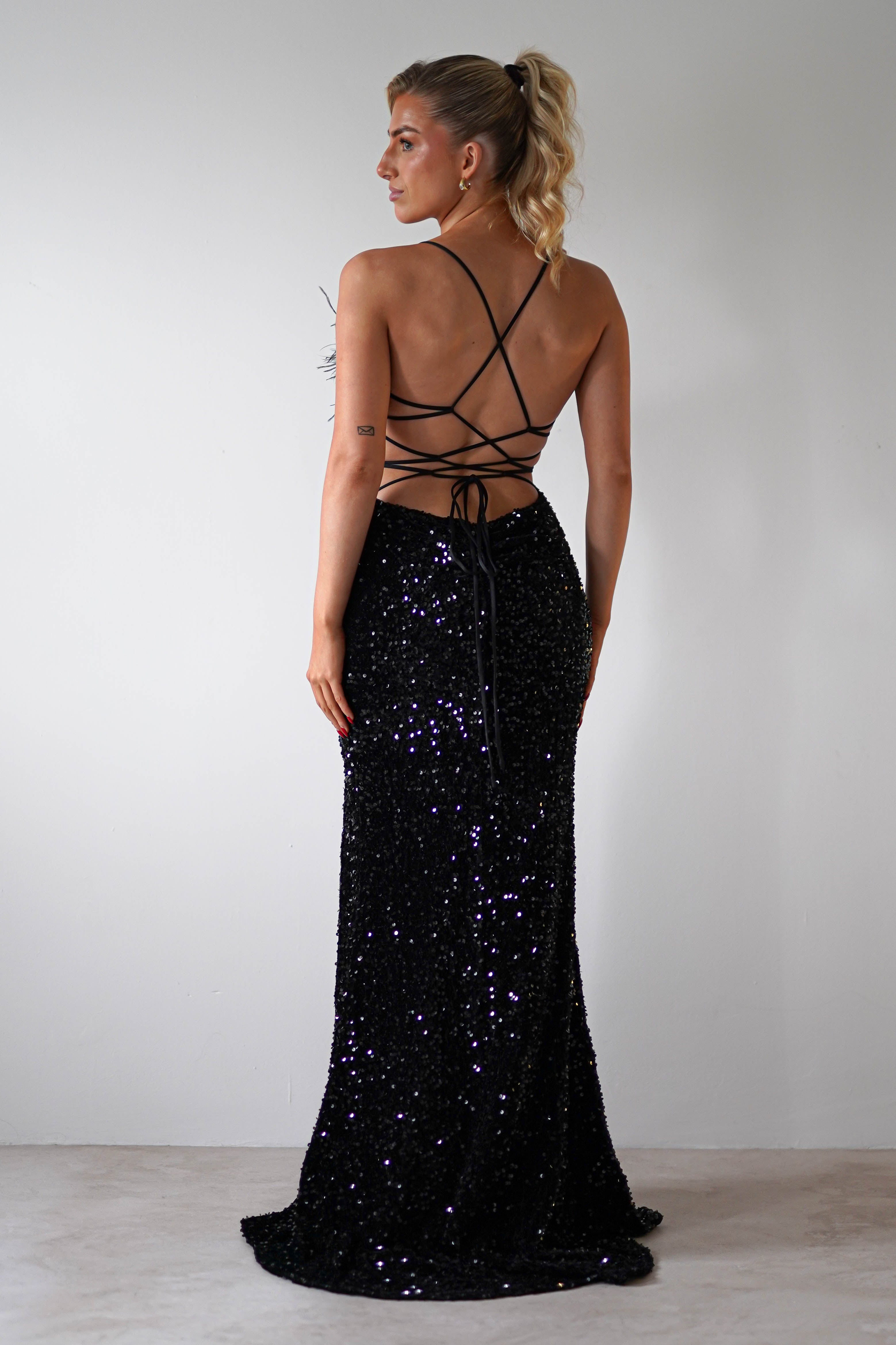 Mira Sequin Feather Maxi Gown | Black