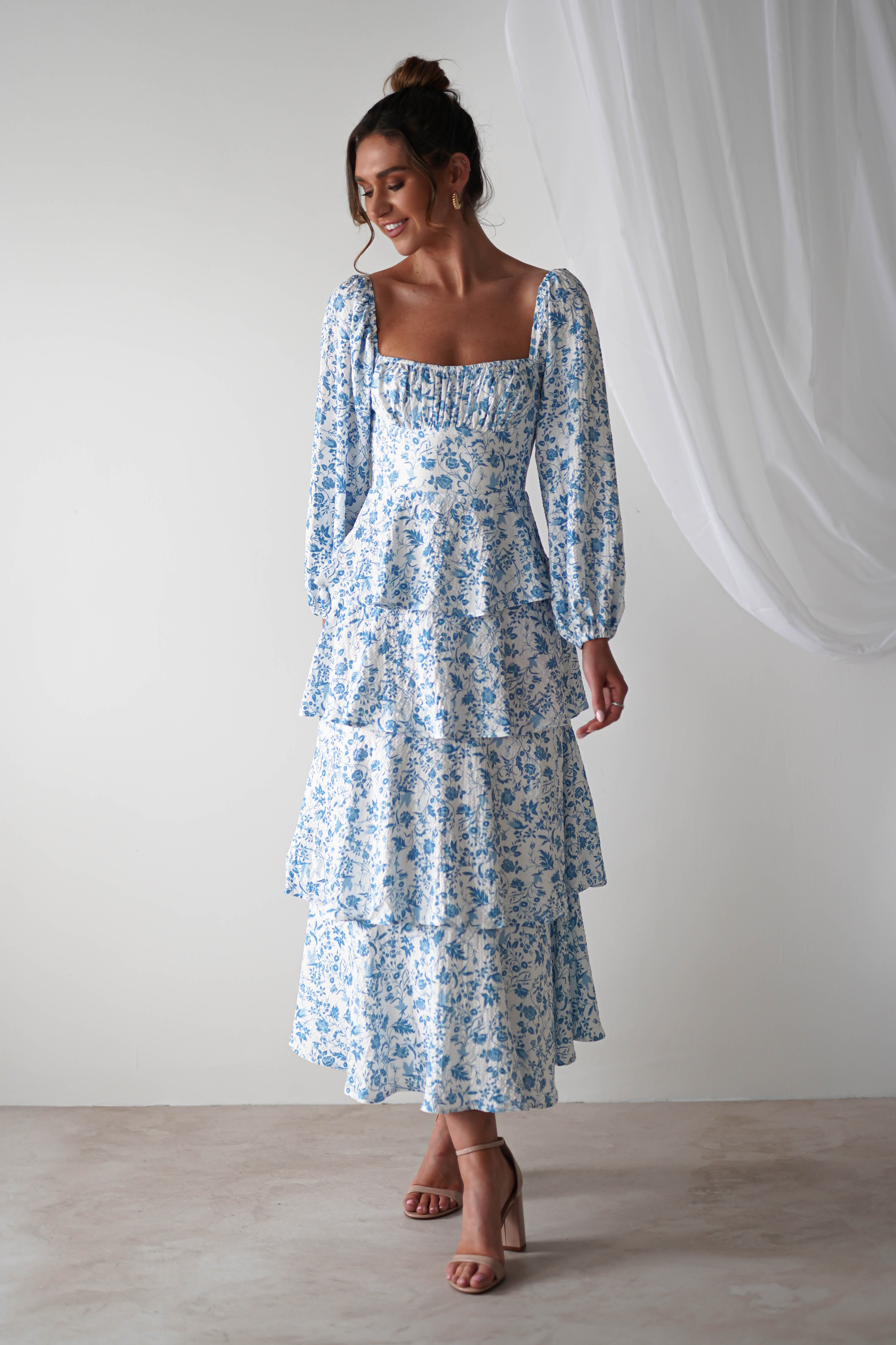 Amelie Floral Print Maxi Dress | Blue/White