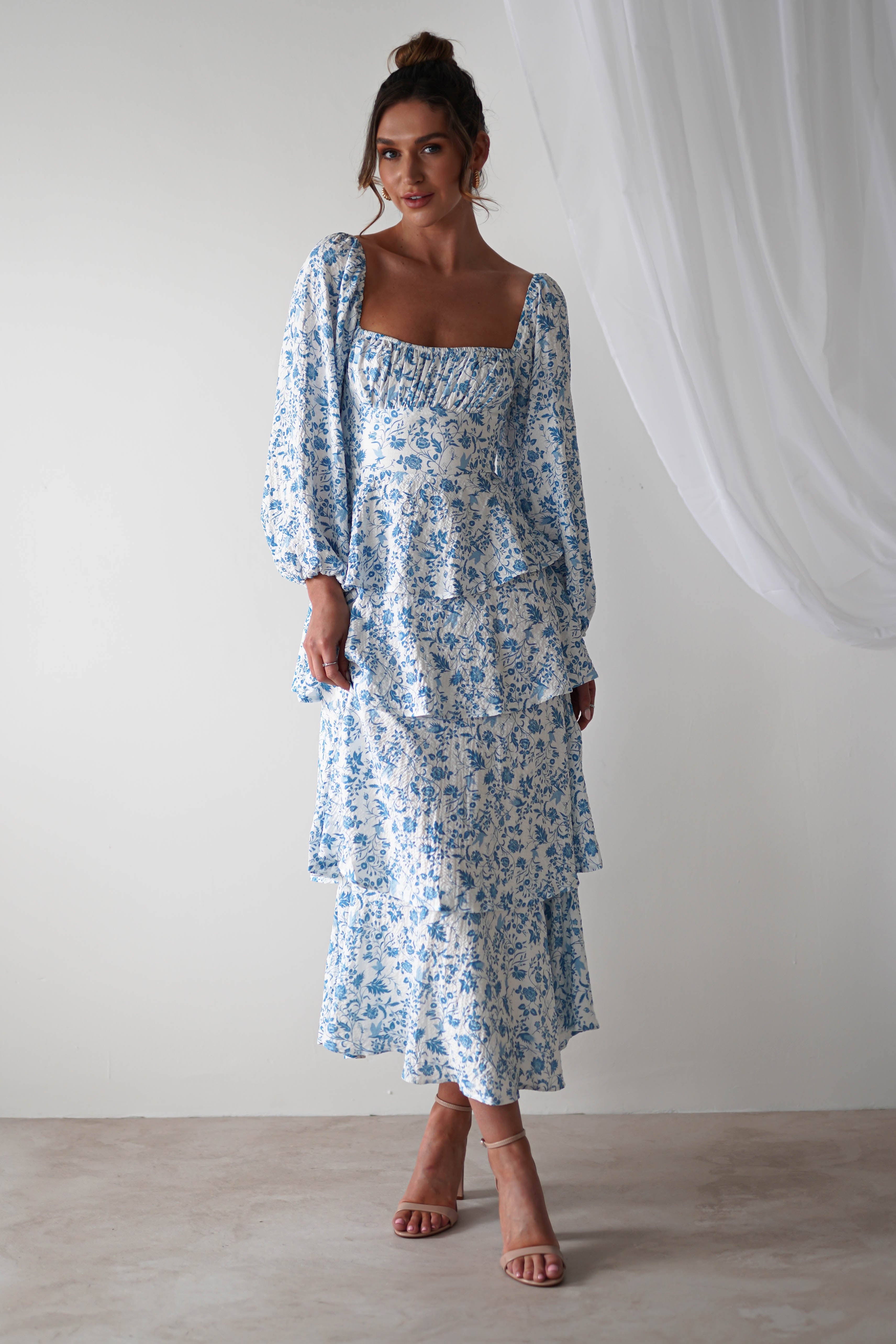 Amelie Floral Print Maxi Dress | Blue/White