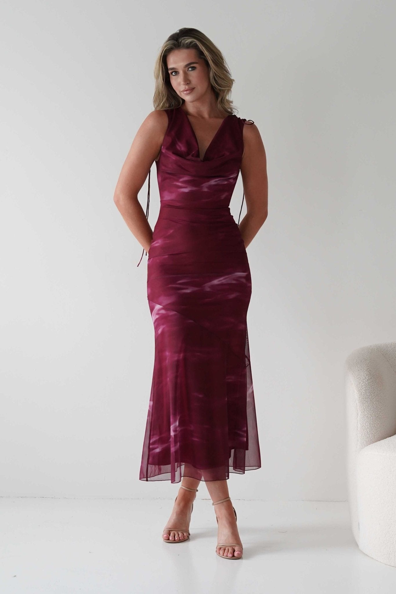 Drew Mesh Printed Maxi Dress | Wine Print | Oh Hello Clothing | XS (6)