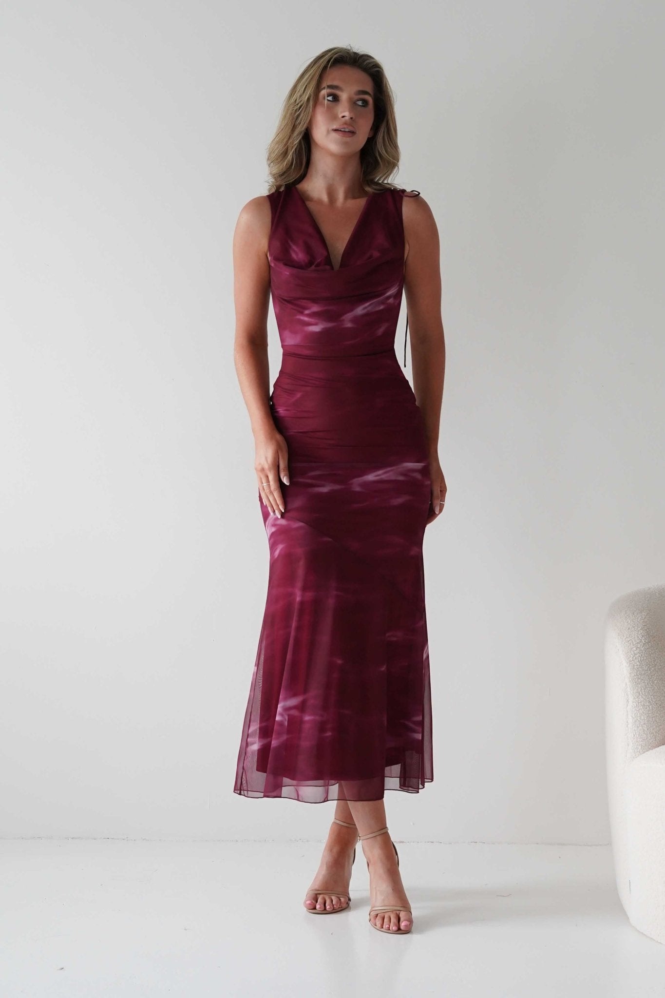 Drew Mesh Printed Maxi Dress | Wine Print | Oh Hello Clothing | XS (6)