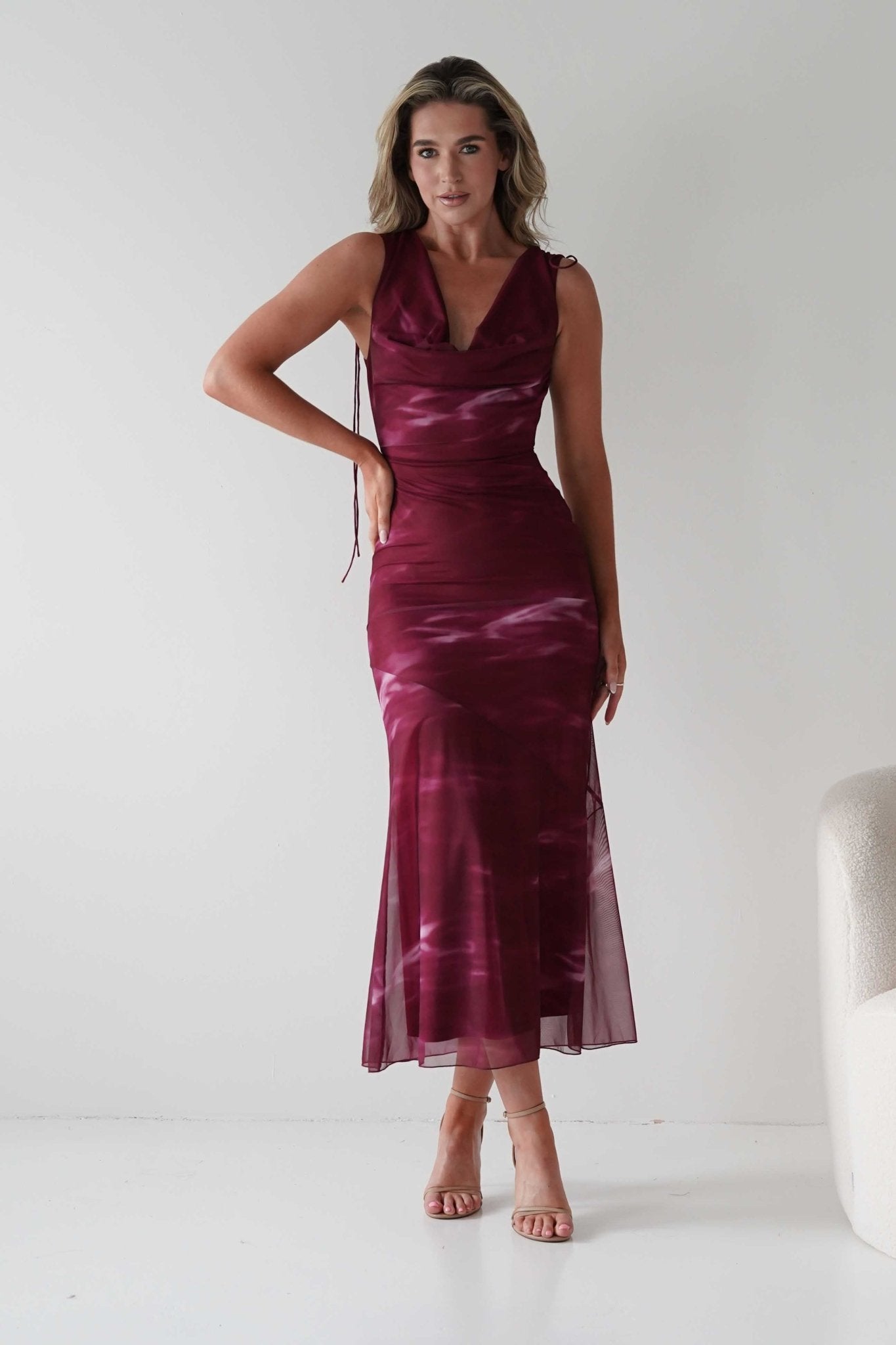 Drew Mesh Printed Maxi Dress | Wine Print | Oh Hello Clothing | XS (6)