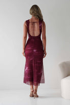 Drew Mesh Printed Maxi Dress Wine Print | Wedding Guest Dress | Maxi | Mesh | Oh Hello Clothing