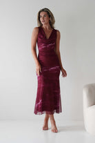 Drew Mesh Printed Maxi Dress Wine Print | Wedding Guest Dress | Maxi | Mesh | Oh Hello Clothing